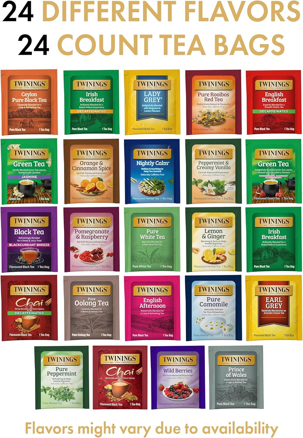 Advent Calendar Tea Bags Sampler Assortment - 24 Flavors for Tea Lovers