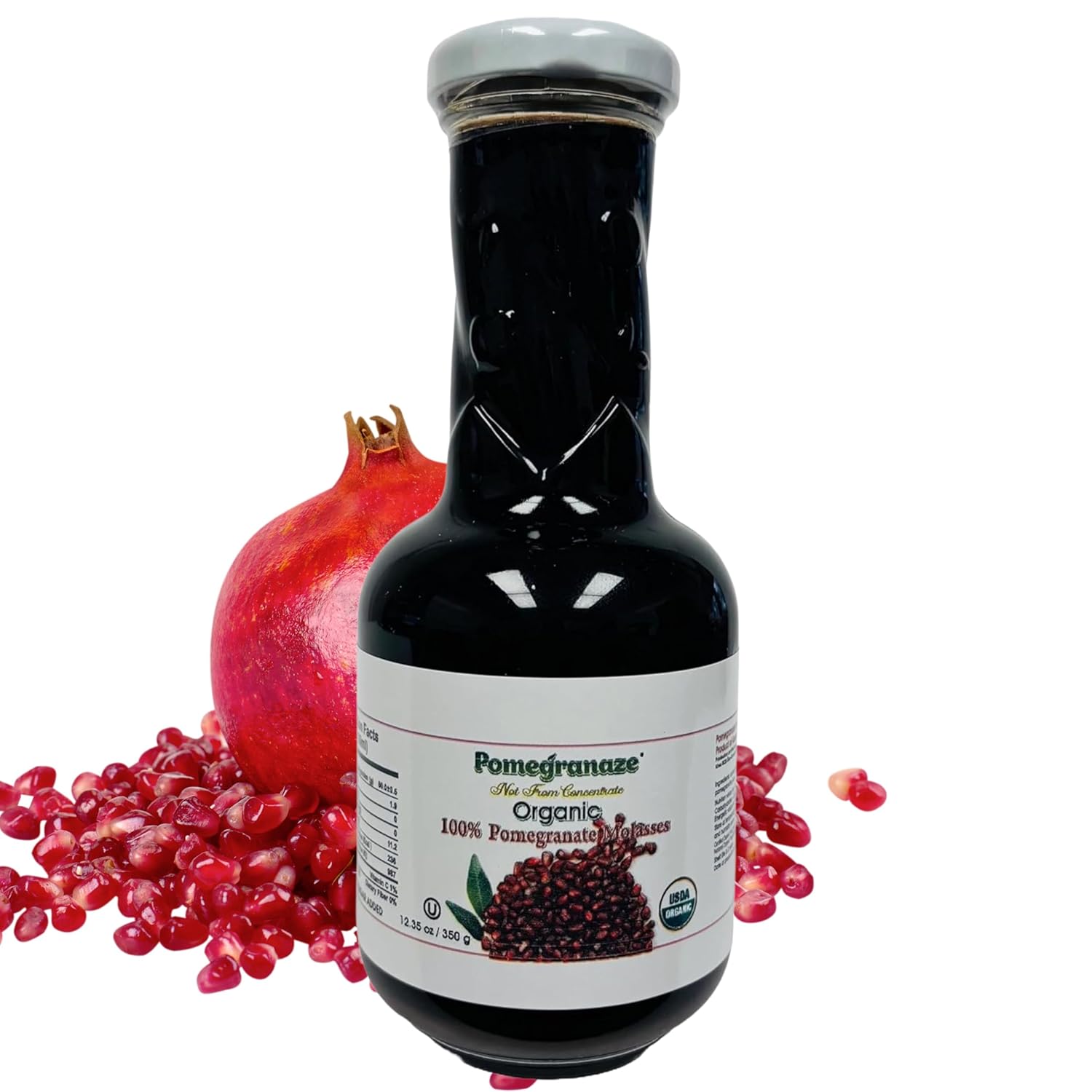 100% Organic Pomegranate Molasses - 12.35 Oz Glass Bottle, No Sugar Added, Vegan, NON GMO, Gluten Free and Kosher