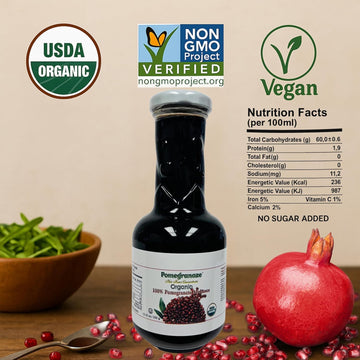 100% Organic Pomegranate Molasses - 12.35 Oz Glass Bottle, No Sugar Added, Vegan, NON GMO, Gluten Free and Kosher - 0