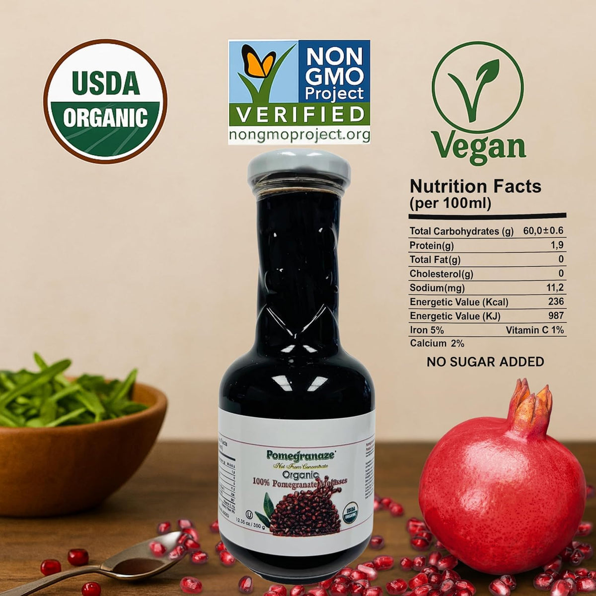 100% Organic Pomegranate Molasses - 12.35oz Glass, No Sugar Added – view 2