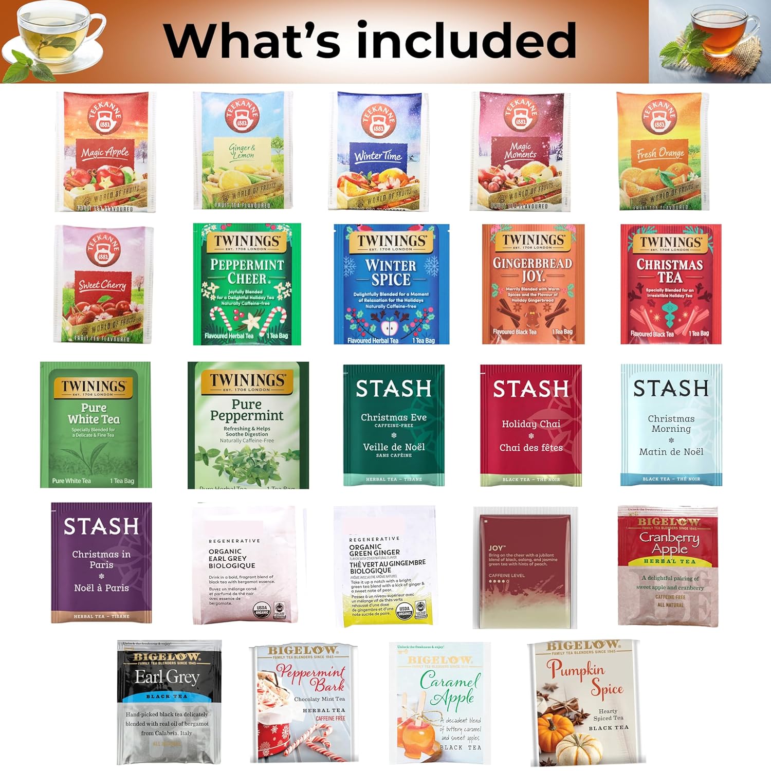 Assorted Teas Gift Advent Calendar - Seasonal Tea Sampler Variety Pack (24 Count, 24 Flavors)