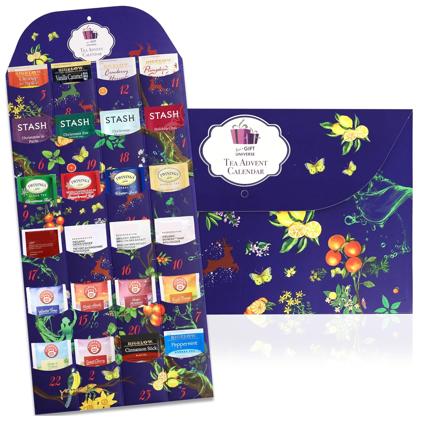 Assorted Teas Gift Advent Calendar - Seasonal Tea Sampler Variety Pack (24 Count, 24 Flavors)