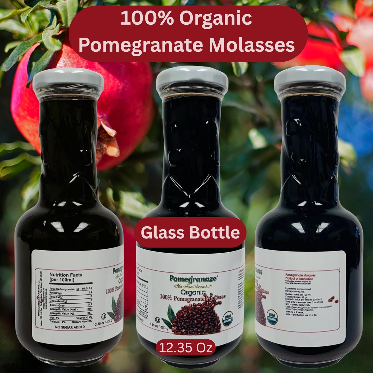 100% Organic Pomegranate Molasses - 12.35 Oz Glass Bottle, No Sugar Added, Vegan, NON GMO, Gluten Free and Kosher