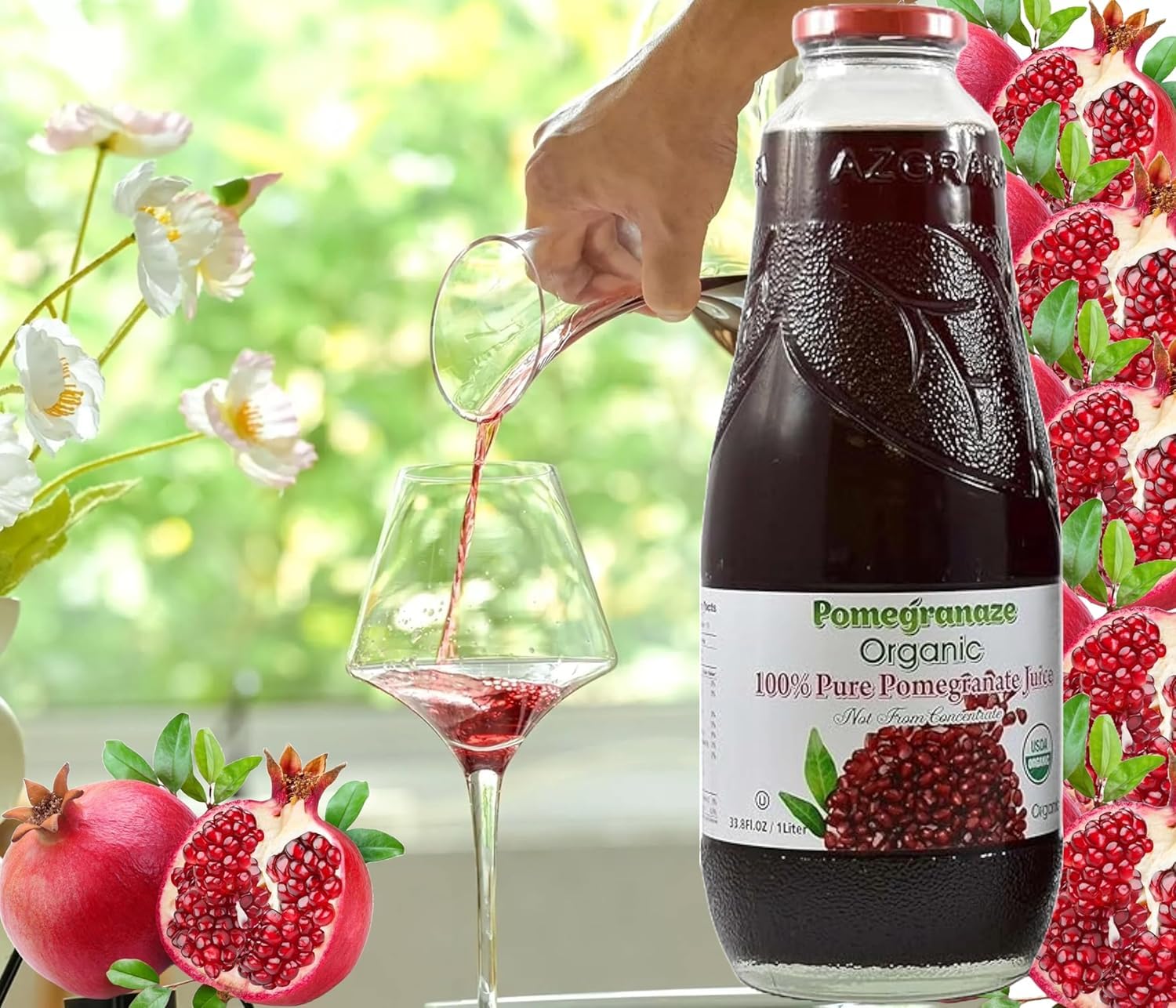 100% Organic Pomegranate Juice - 33.8 Oz Glass Bottle (8 Pack)