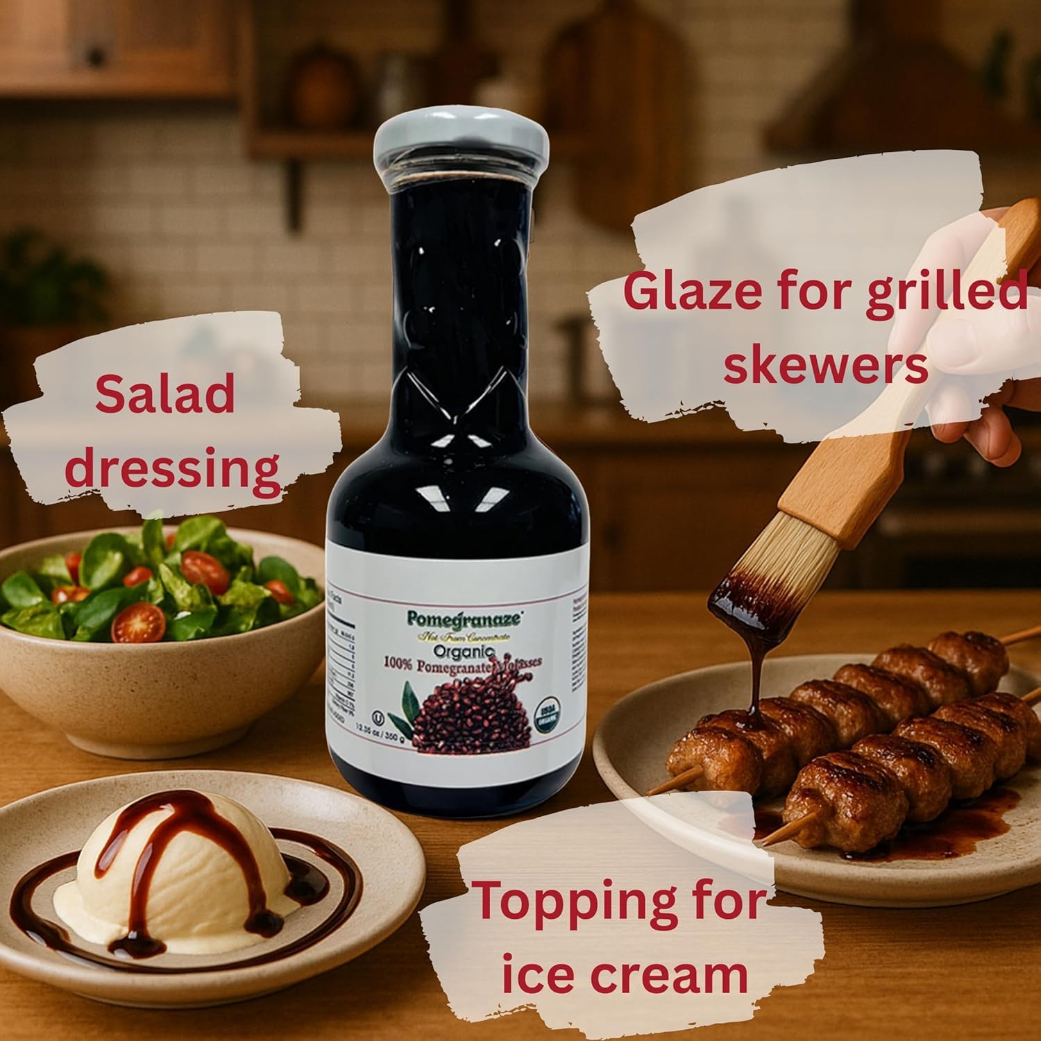 100% Organic Pomegranate Molasses - 12.35 Oz Glass Bottle, No Sugar Added, Vegan, NON GMO, Gluten Free and Kosher