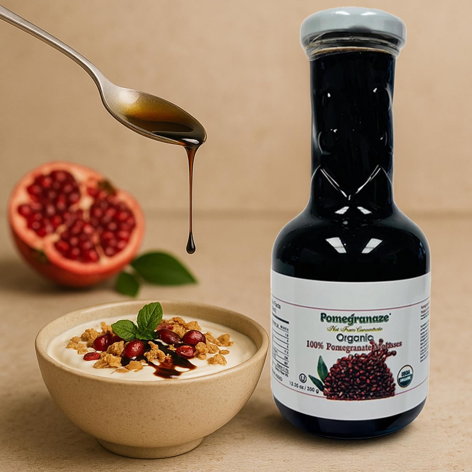 100% Organic Pomegranate Molasses - 12.35 Oz Glass Bottle, No Sugar Added, Vegan, NON GMO, Gluten Free and Kosher