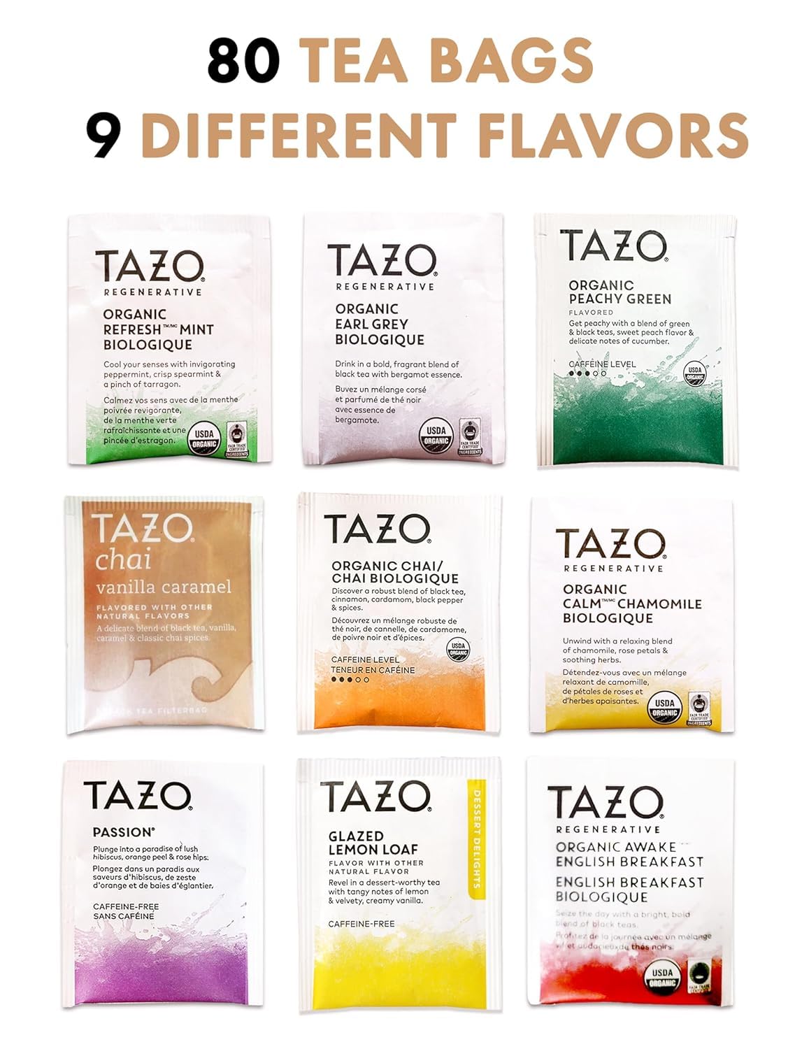 Tea Sampler Variety Pack - 80 Premium Tea Bags in Organizer | 9 Flavors of Herbal, Green & Black Tea