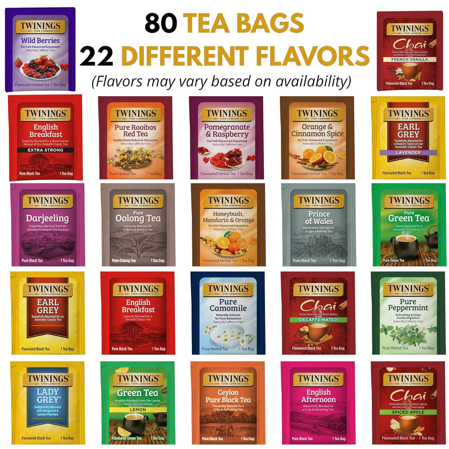 Tea Sampler Collection – 80 Assorted Tea Bags with Wooden Organizer