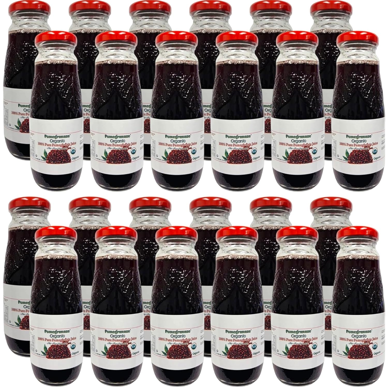 100% Organic Pomegranate Juice, 6.7 Oz Glass Bottle (24 Pack) - No Sugar, No Artificial Additives, Gluten-Free, Kosher