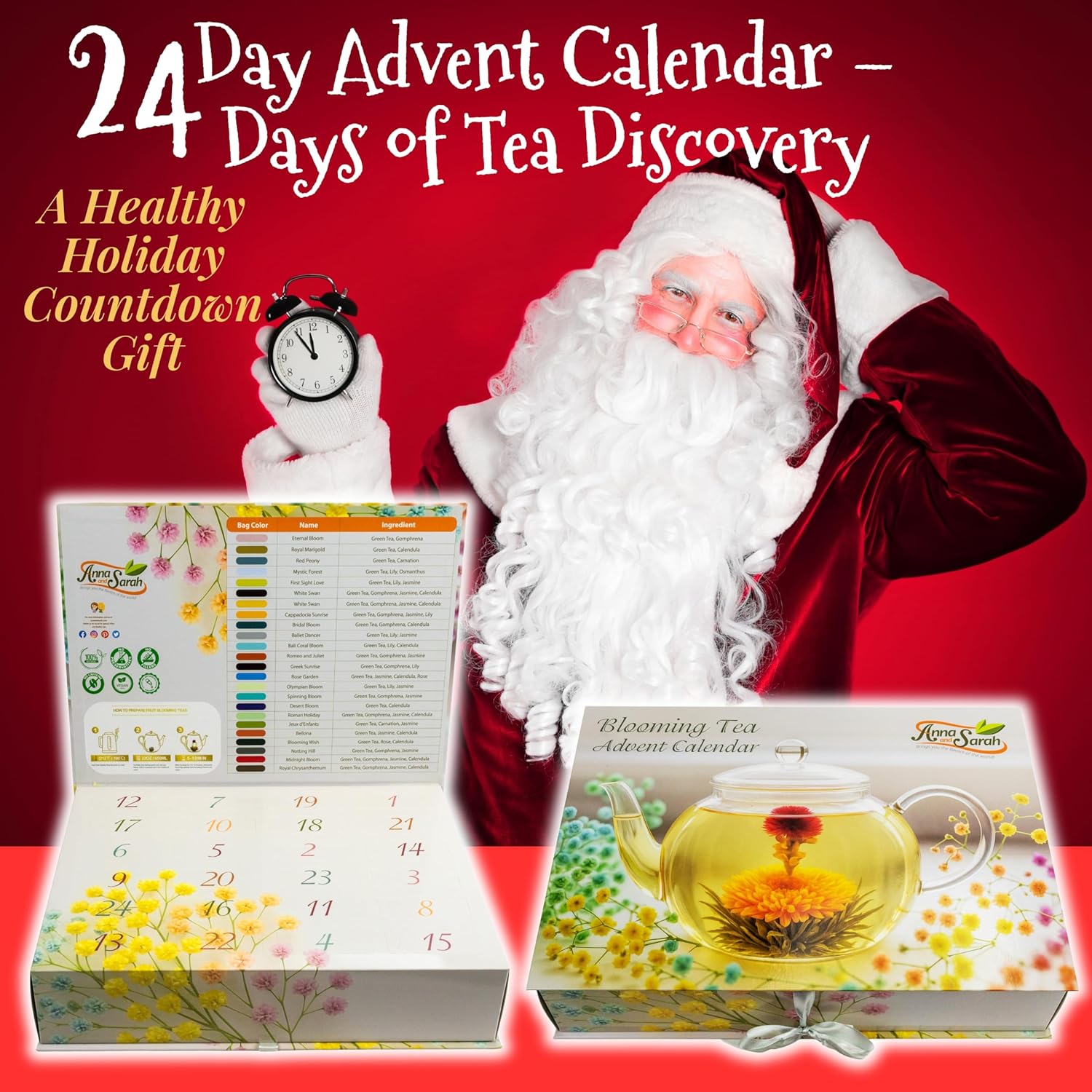 Tea Advent Calendar – 24 Unique Green Teas, Blooming Teas & Edible Flower Infusions Gift Set