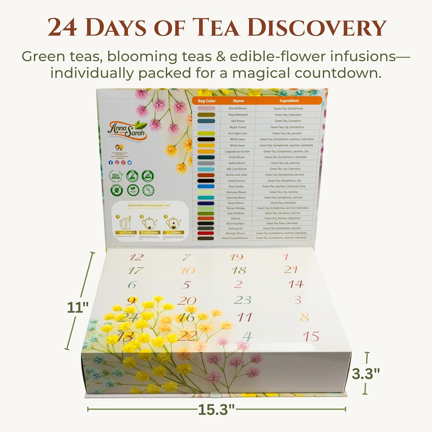 Tea Advent Calendar – 24 Unique Green Teas, Blooming Teas & Edible Flower Infusions Gift Set