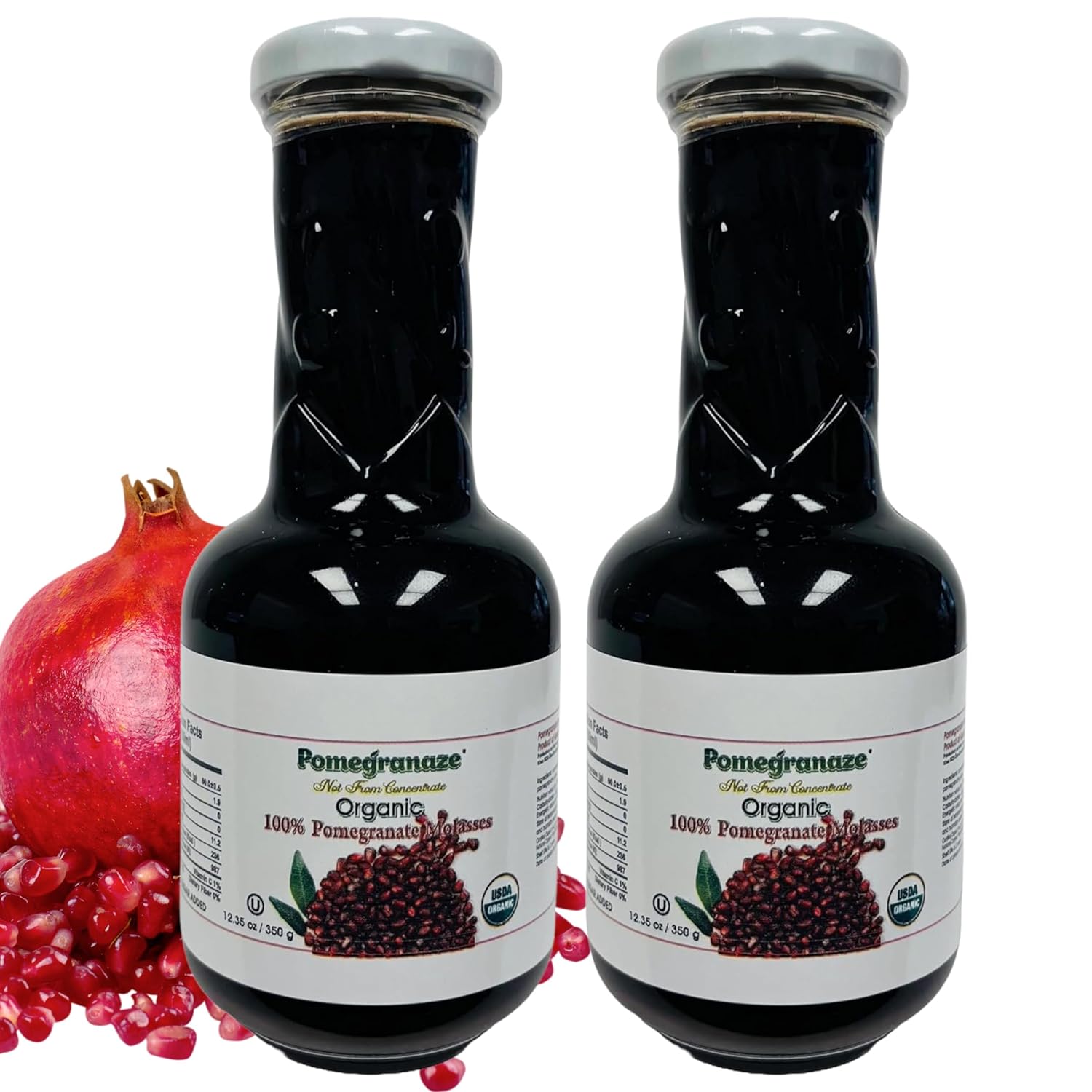 100% Organic Pomegranate Molasses - 12.35 Oz Glass Bottle, No Sugar Added, Vegan, NON GMO, Gluten Free and Kosher