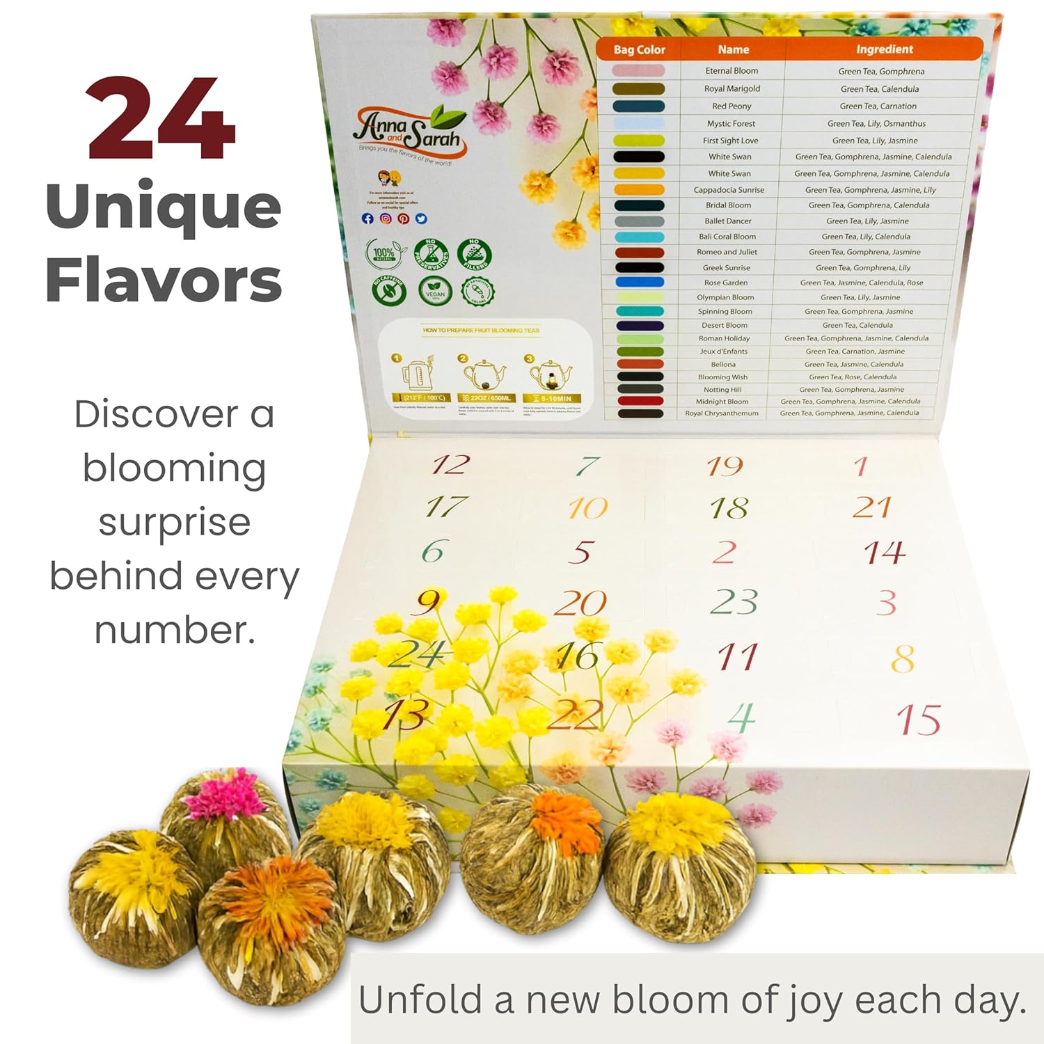 Tea Advent Calendar – 24 Unique Green Teas, Blooming Teas & Edible Flower Infusions Gift Set