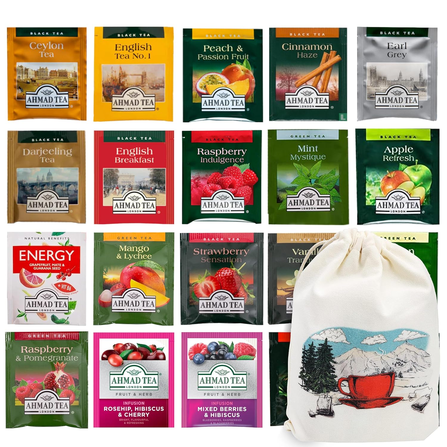Tea Bags Sampler Assortment Variety Pack in Pouch Bag