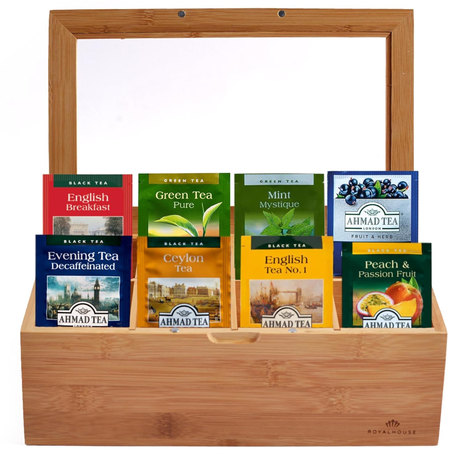 Tea Bags Sampler Assortment, Variety Pack in Bamboo Organizer (60 Count) - 30 Flavors of Tea