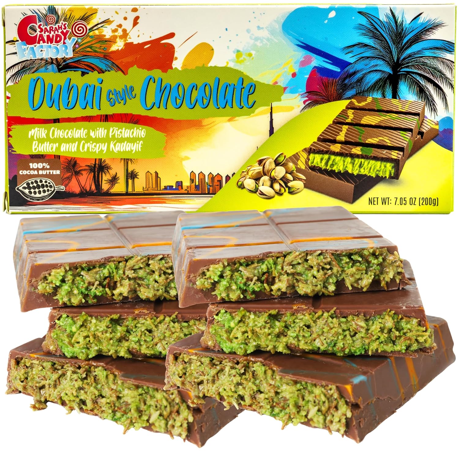 Luxury Dubai-Style Chocolate Bar 200g - Rich Gourmet Milk Chocolate with Pistachio Butter Cream & Knafeh Crunch