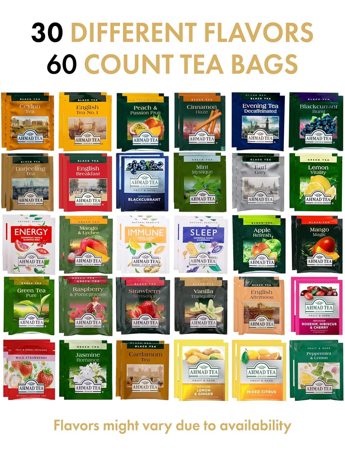 Tea Bags Sampler Assortment, Variety Pack in Bamboo Organizer (60 Count) - 30 Flavors of Tea