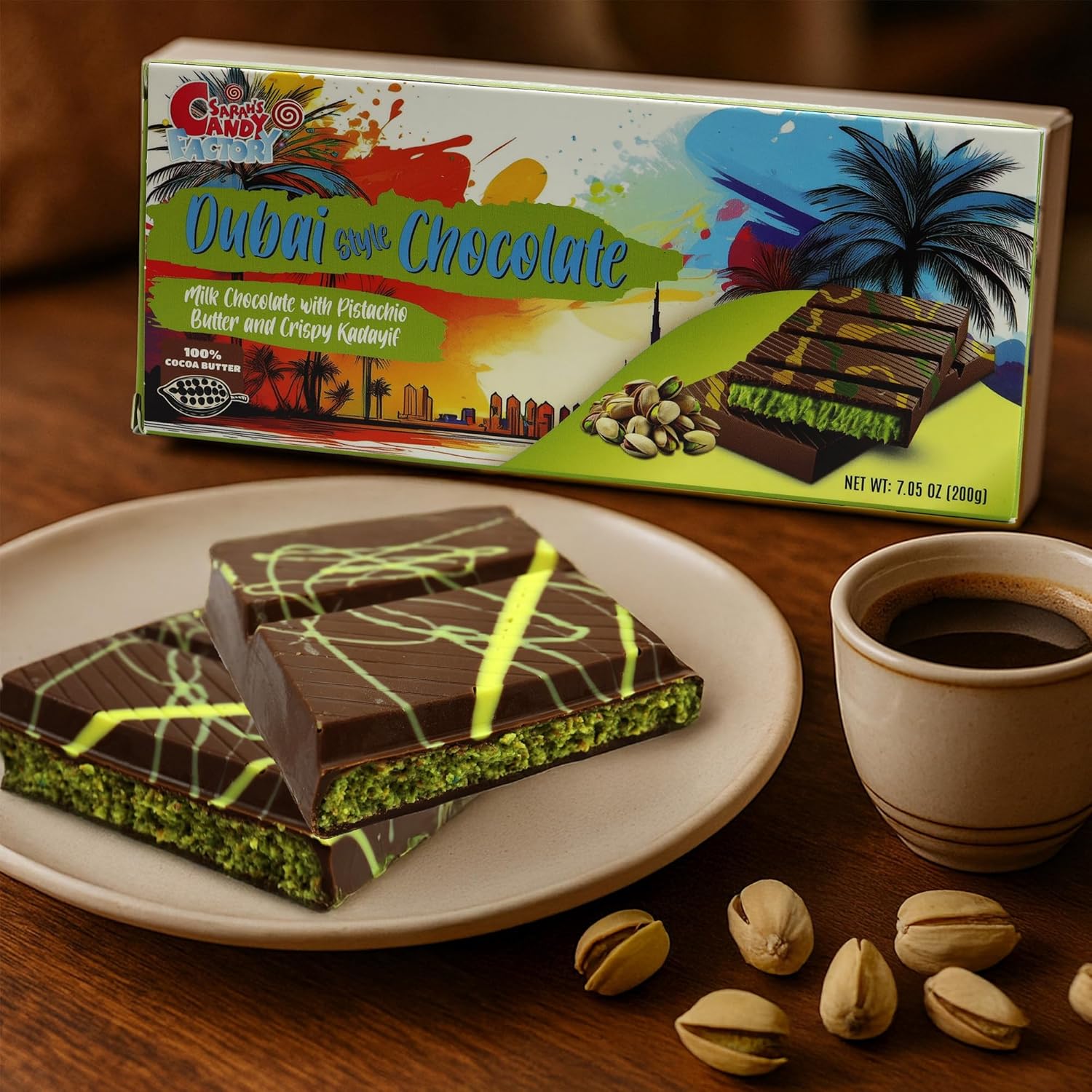 Luxury Dubai-Style Chocolate Bar 200g - Rich Gourmet Milk Chocolate with Pistachio Butter Cream & Knafeh Crunch