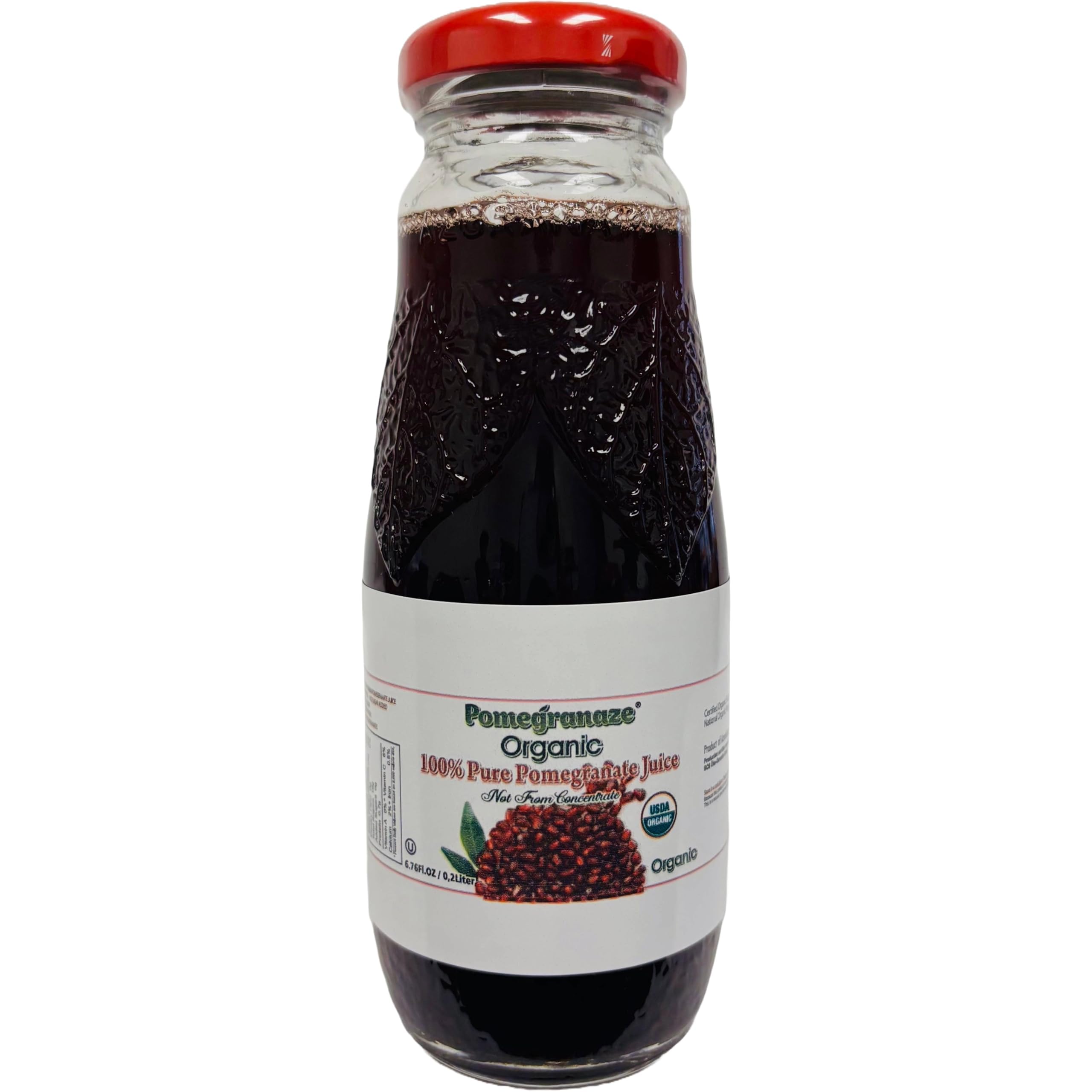 100% Organic Pomegranate Juice, 6.7 Oz Glass Bottle (24 Pack) No Sugar, No Artificial Colors, No Preservatives, No Flavors Added, Gluten Free and Kosher