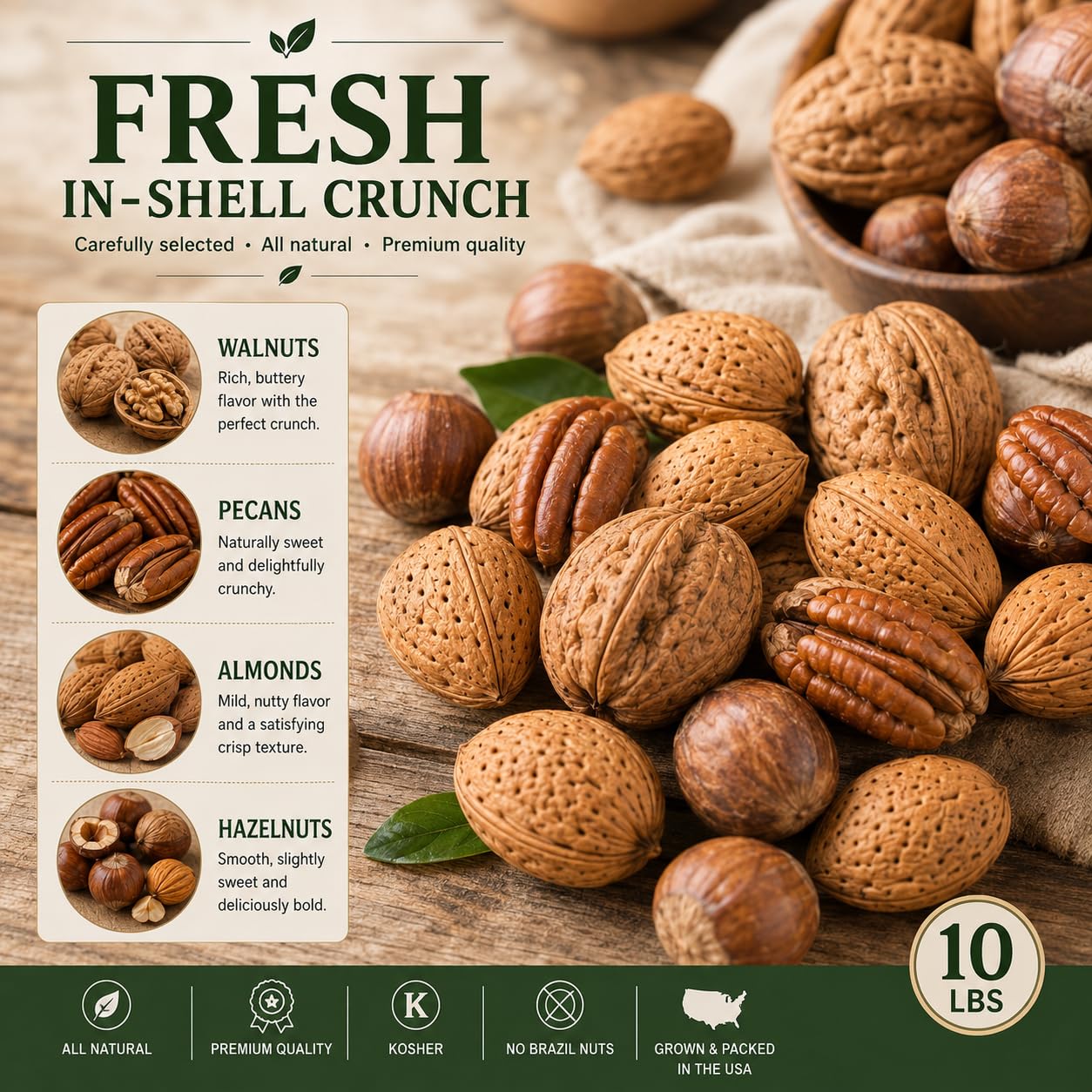 10 Lbs Premium Kosher Mixed Nuts in Shell Box - No Brazil Nut