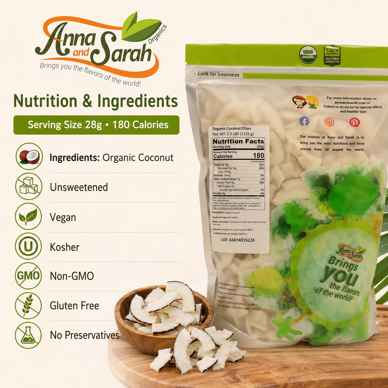 Anna and Sarah Organic Toasted Coconut Chips Strips, 2.5 lb Resealable Bag