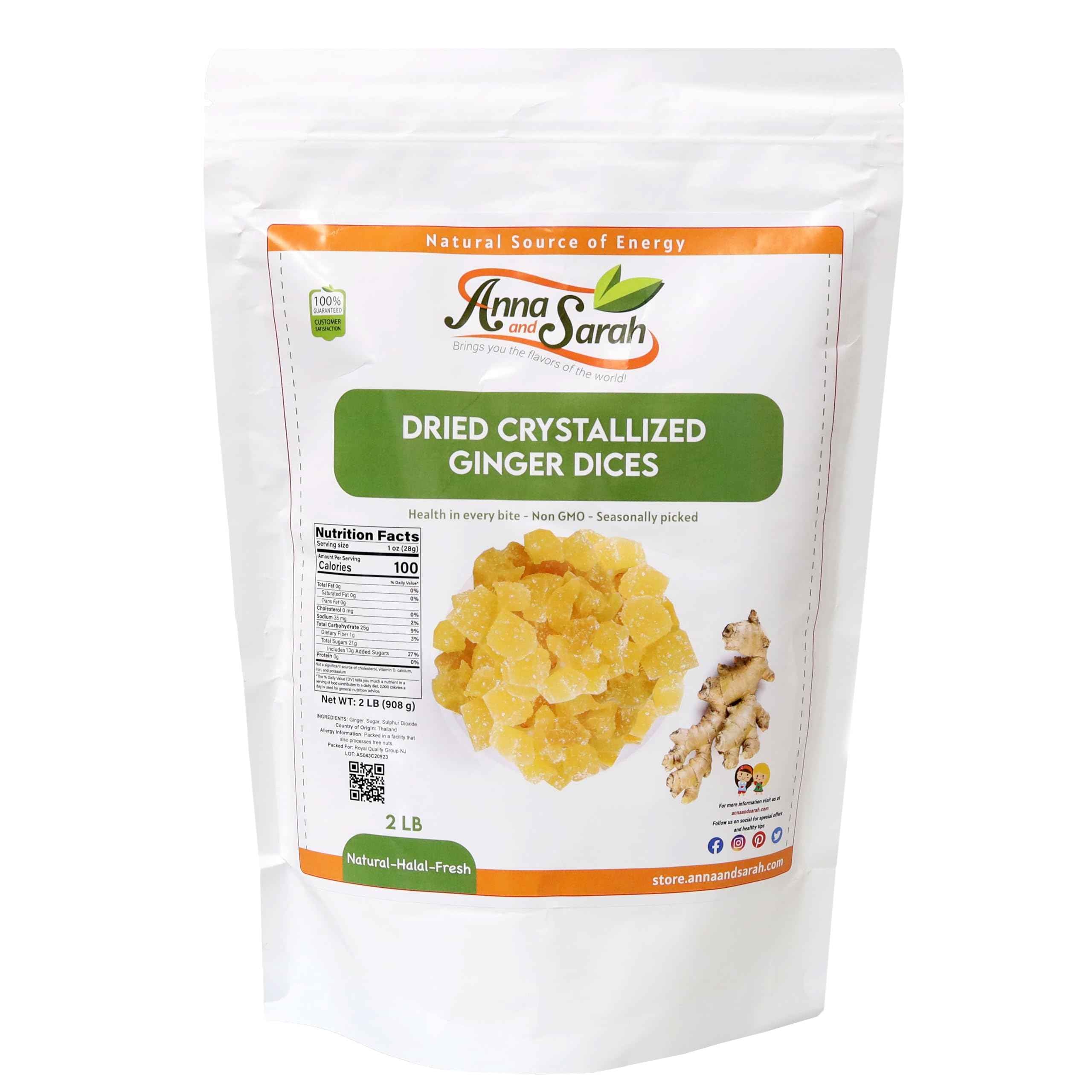 Anna and Sarah Dehydrated Ginger Dices - Non GMO, Gluten Free, 2 Lbs
