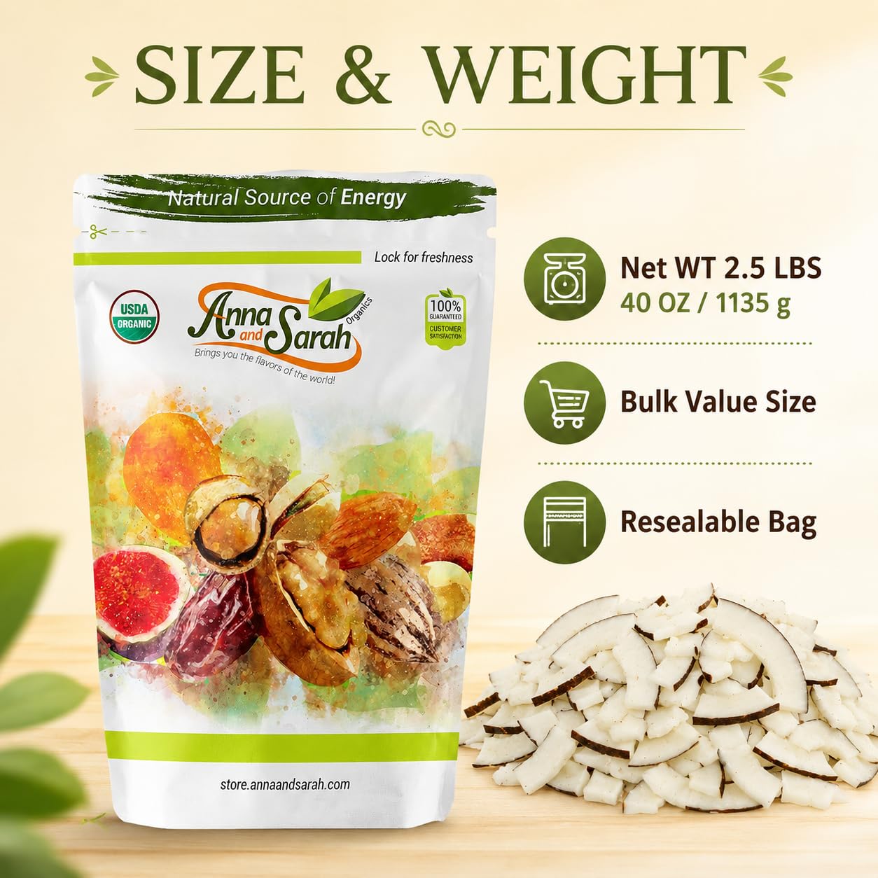 Anna and Sarah Organic Toasted Coconut Chips Strips, 2.5 lb Resealable Bag