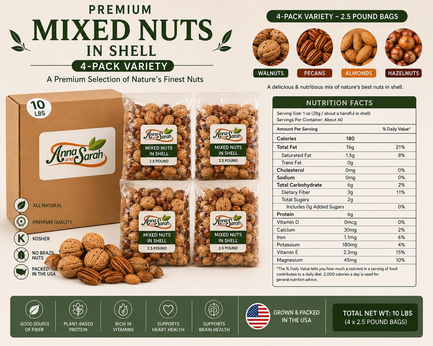 10 Lbs Premium Kosher Mixed Nuts in Shell Box - No Brazil Nut