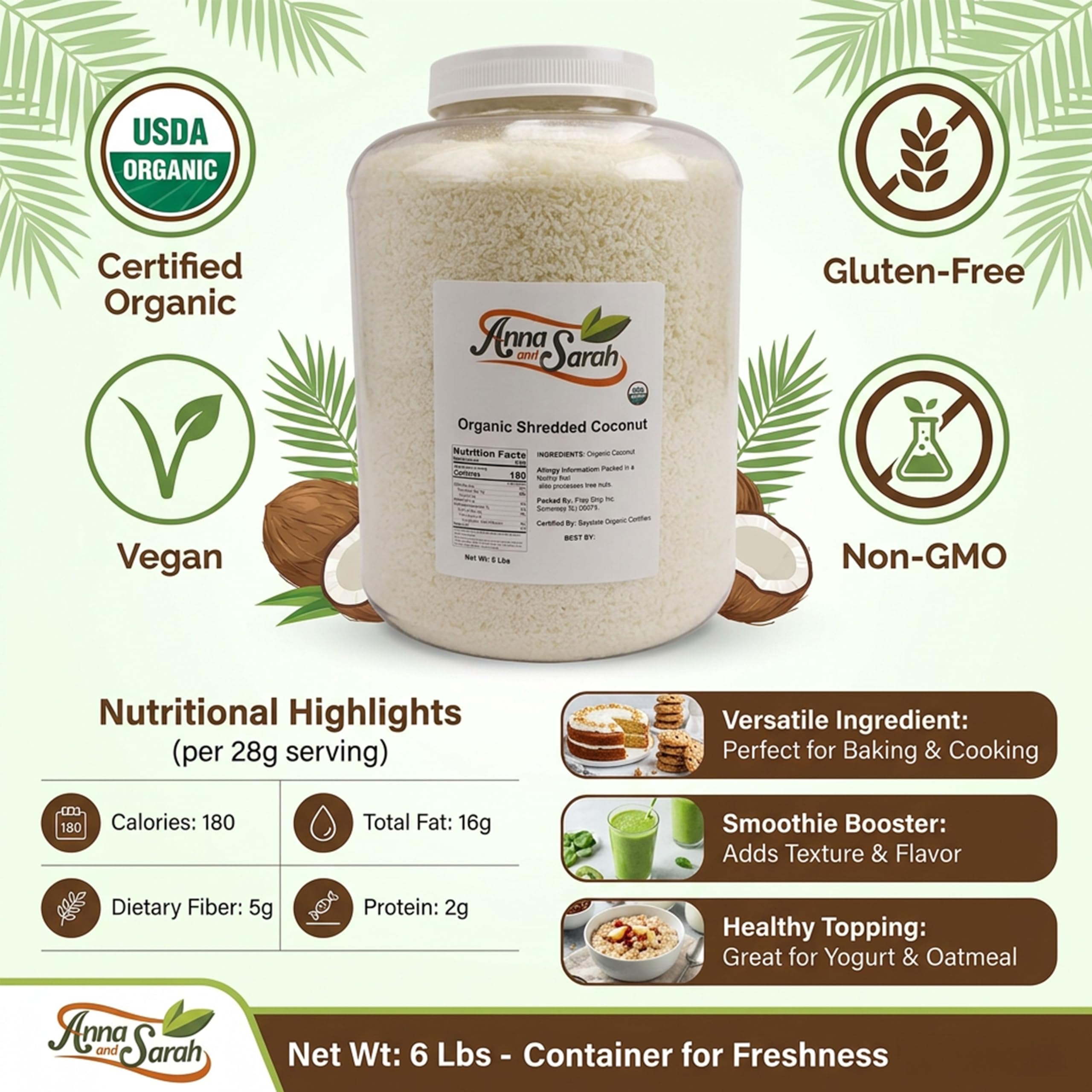 Anna and Sarah Organic Unsweetened Medium Shredded Coconut, 6 lb Jar