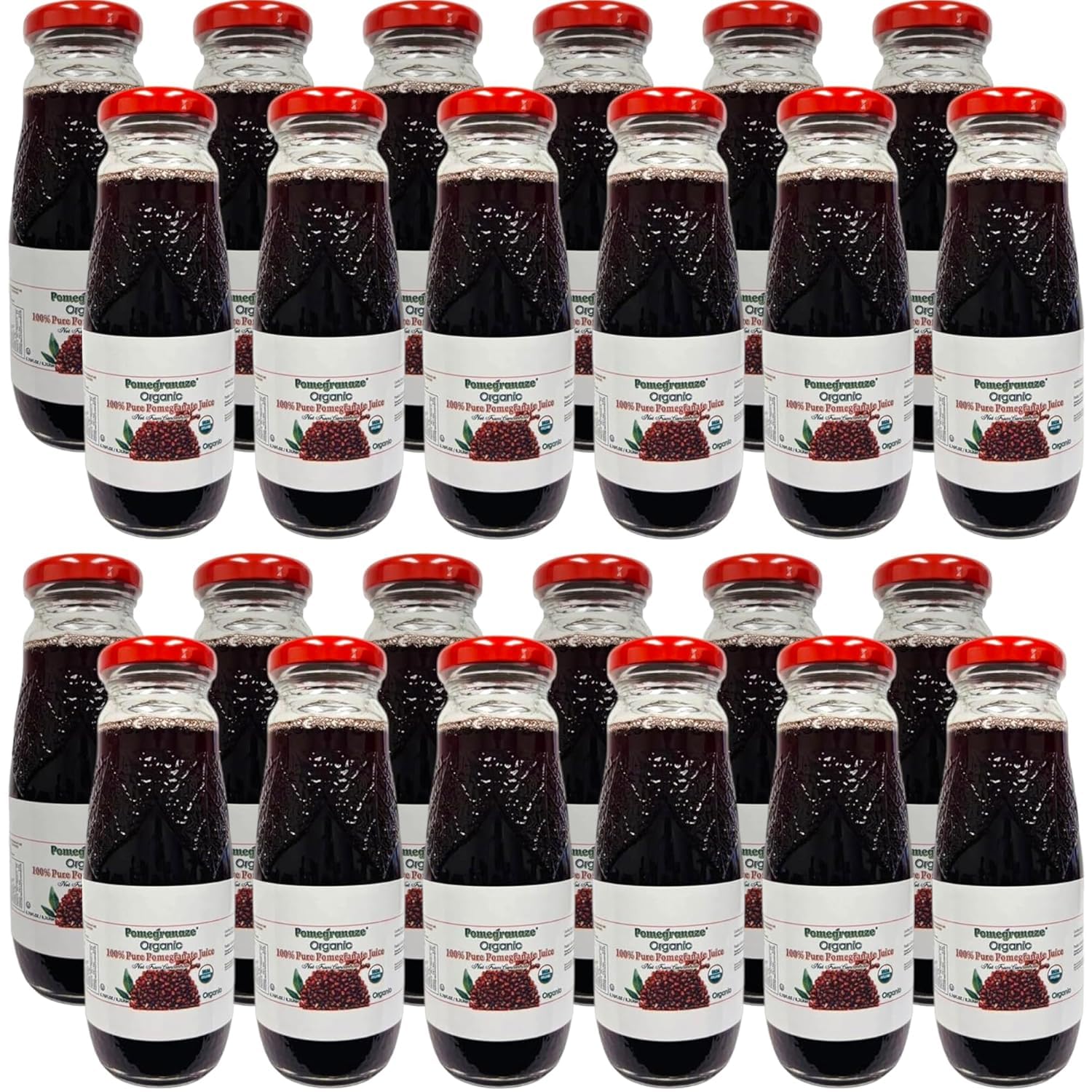 Pomegranaze Organic Pomegranate Juice 6.7 fl oz Glass Bottle 24 Pack - 100% Pure Juice, No Sugar Added, No Artificial Colors or Preservatives, Gluten Free, Kosher, Convenient Single Serve Bottles