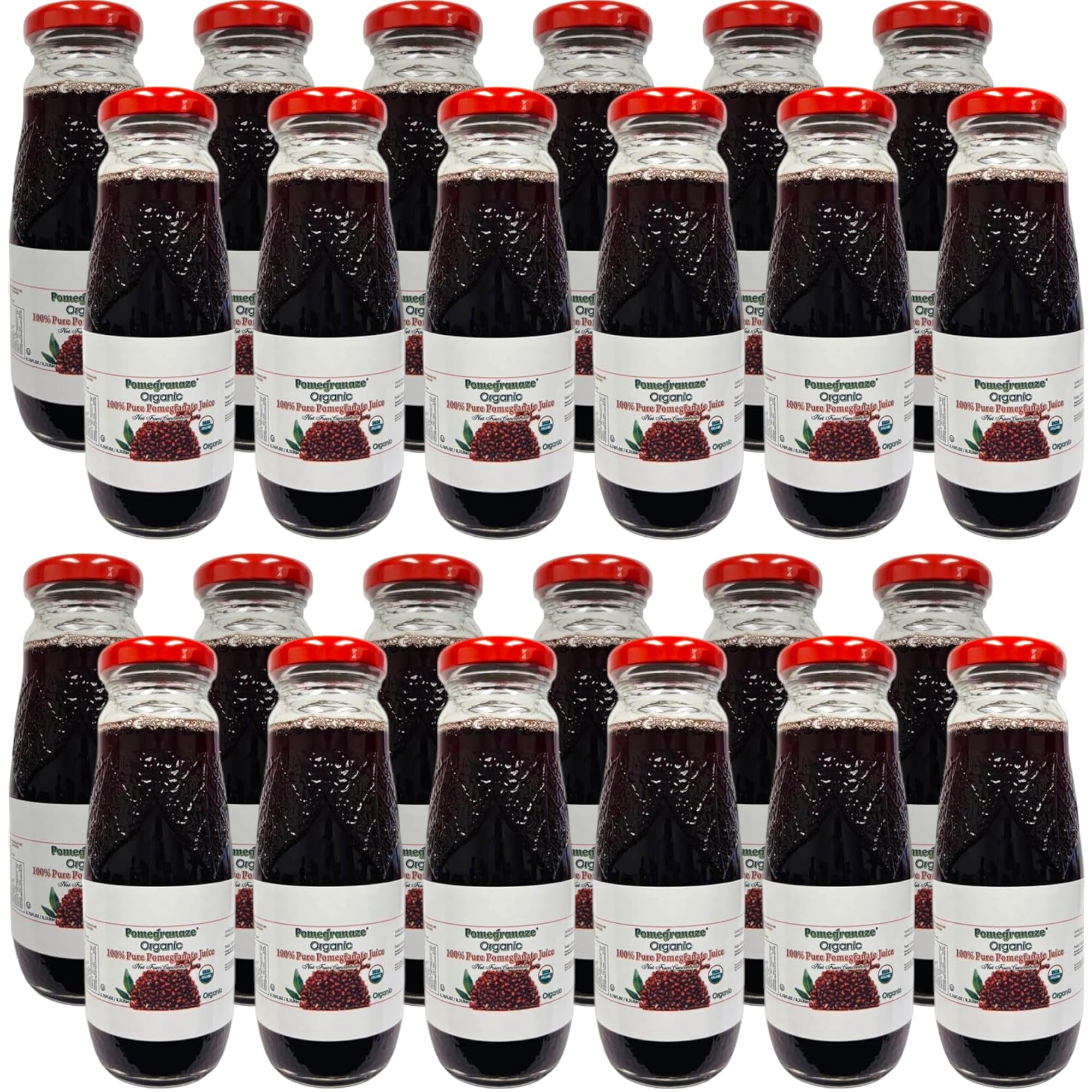 100% Organic Pomegranate Juice, 6.7 Oz Glass Bottle (24 Pack) No Sugar, No Artificial Colors, No Preservatives, No Flavors Added, Gluten Free and Kosher
