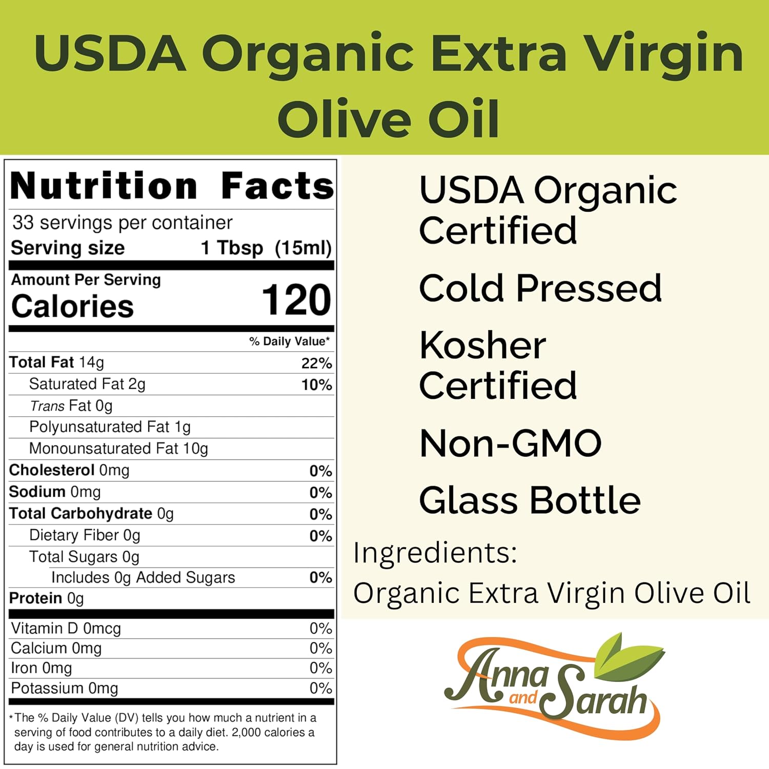 Anna and Sarah USDA Organic Extra Virgin Olive Oil - Cold Pressed
