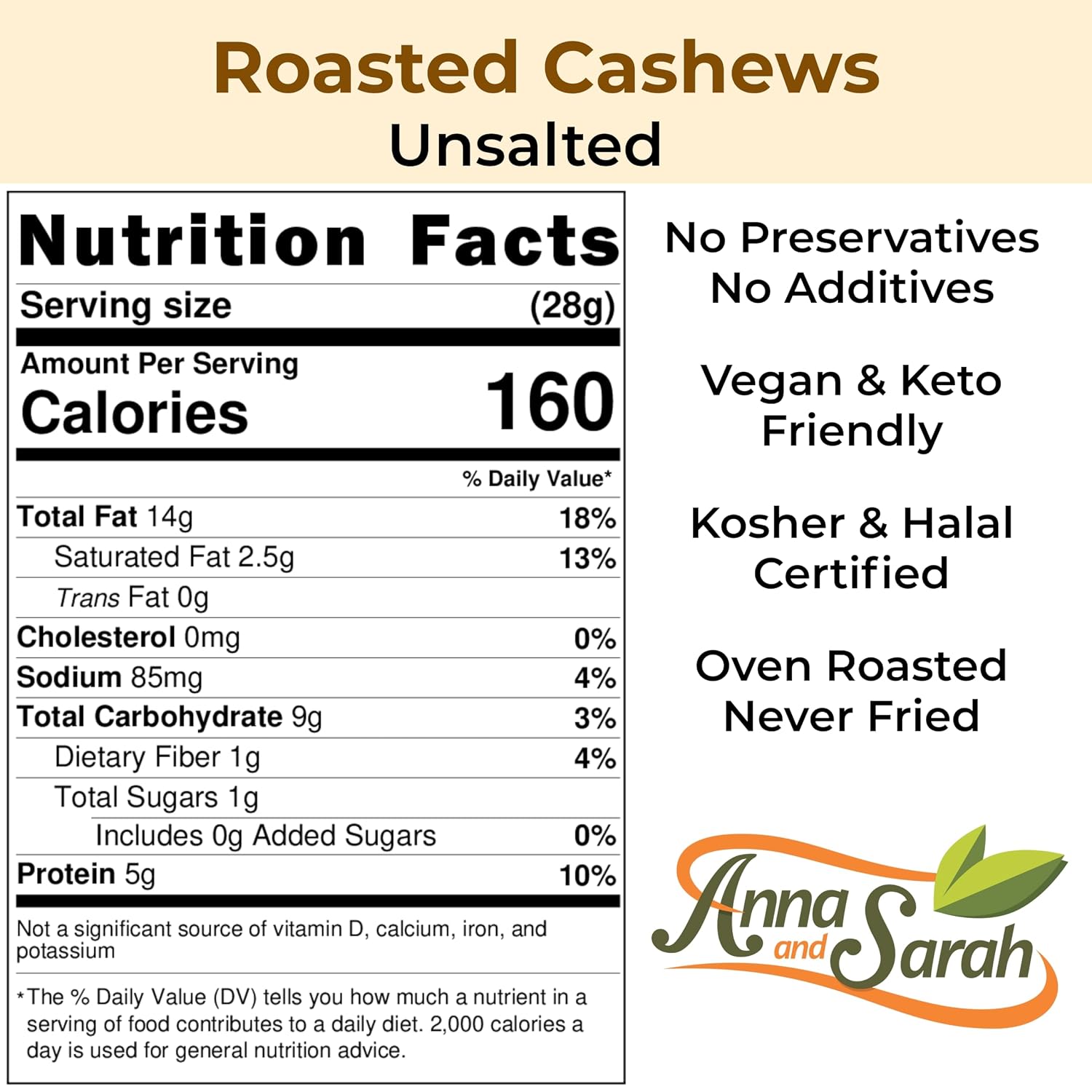 Anna and Sarah Roasted Unsalted Whole Cashews - 1 Lb