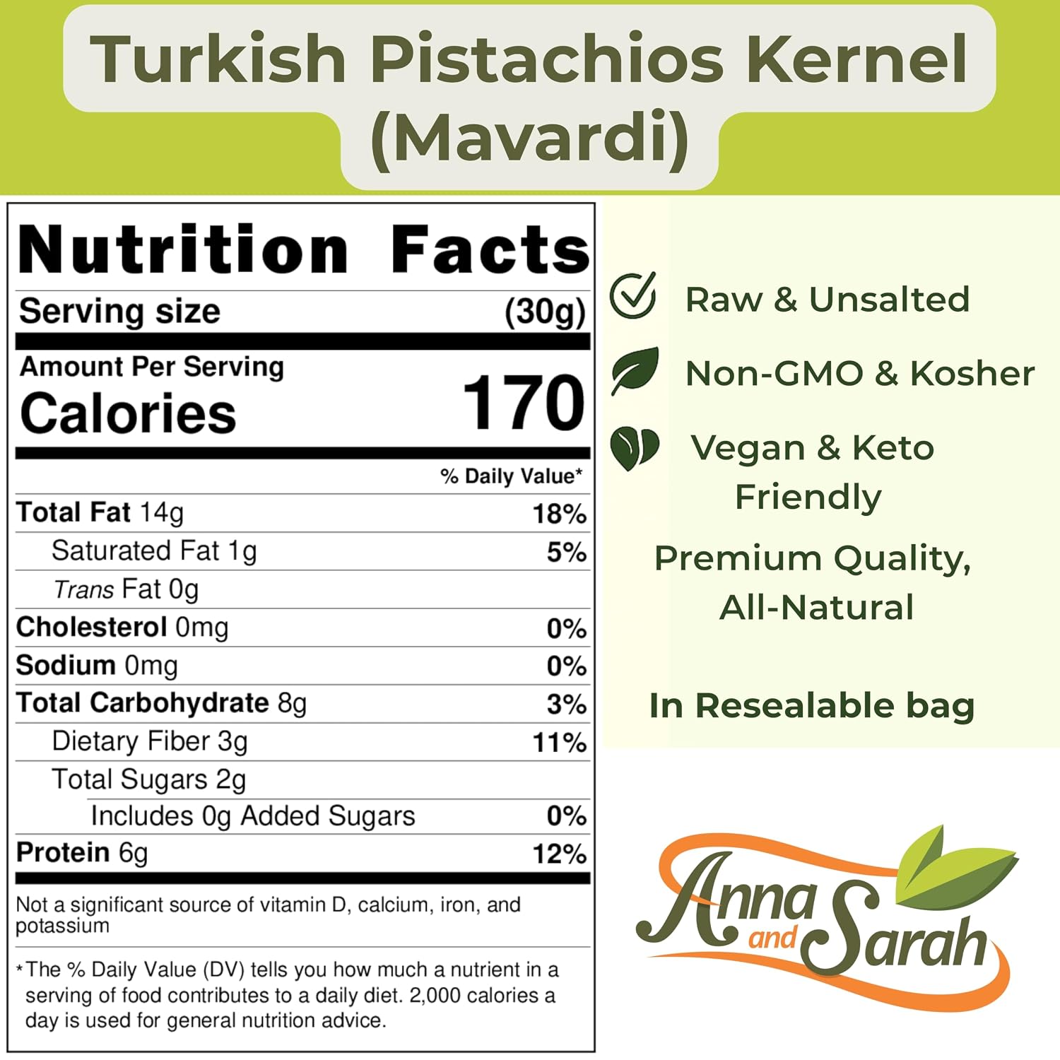 Anna and Sarah Turkish Pistachio Kernels Mavardi - Raw Shelled, 16 Oz