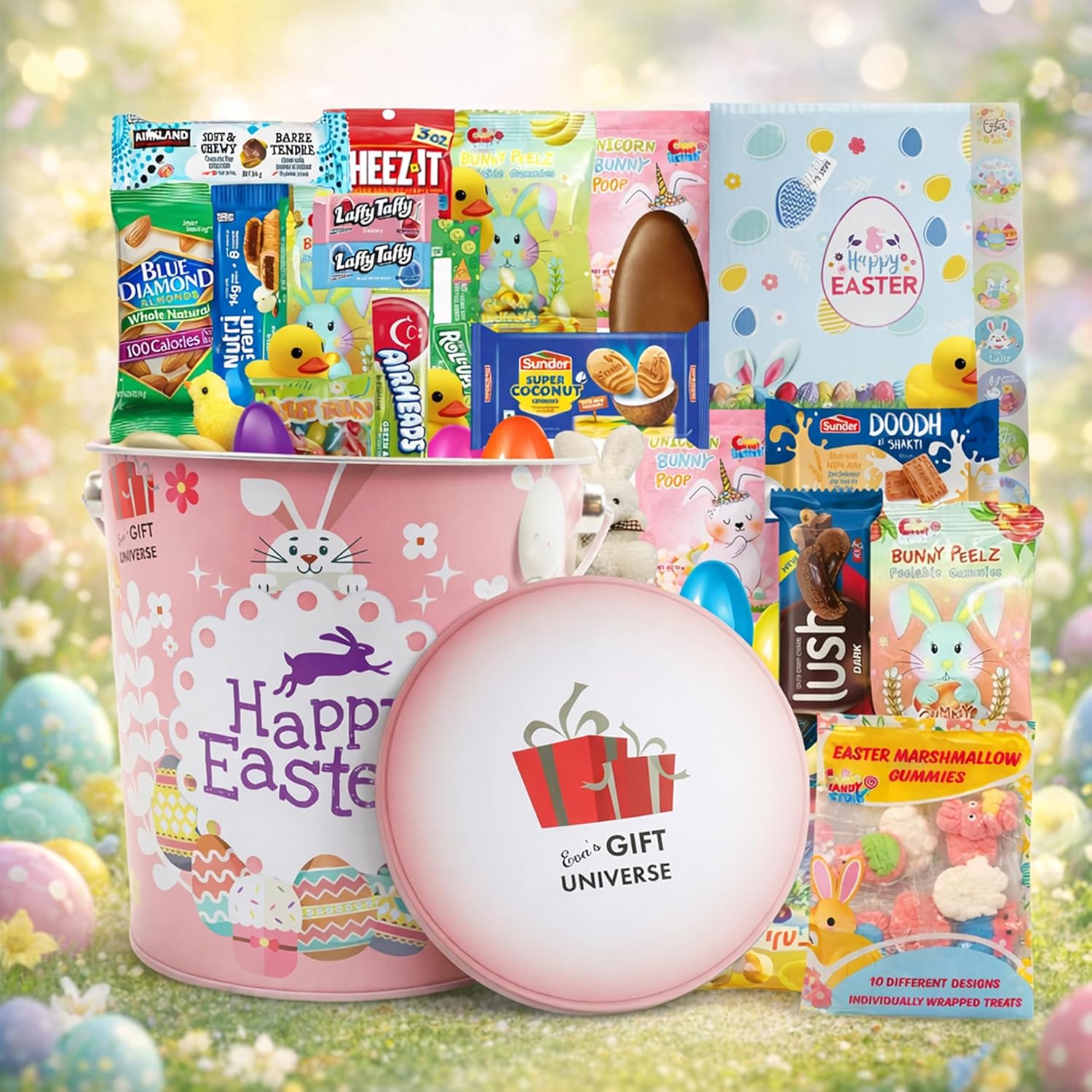 Easter Care Package Blue Gift Box (52 Pieces) Filled with Candy, Chocolates, Snacks, Cookies, and More – Perfect Easter Gifts for Family, Friends, and College Students