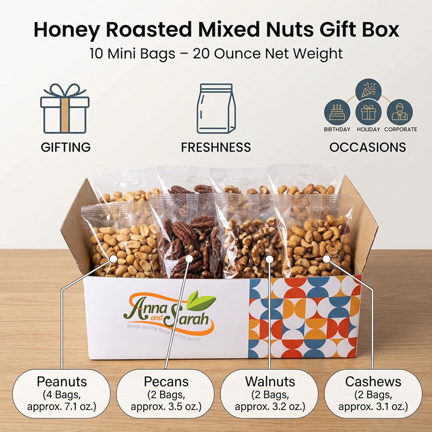 Anna and Sarah Honey Roasted Mixed Nuts Gourmet Snack Gift Box