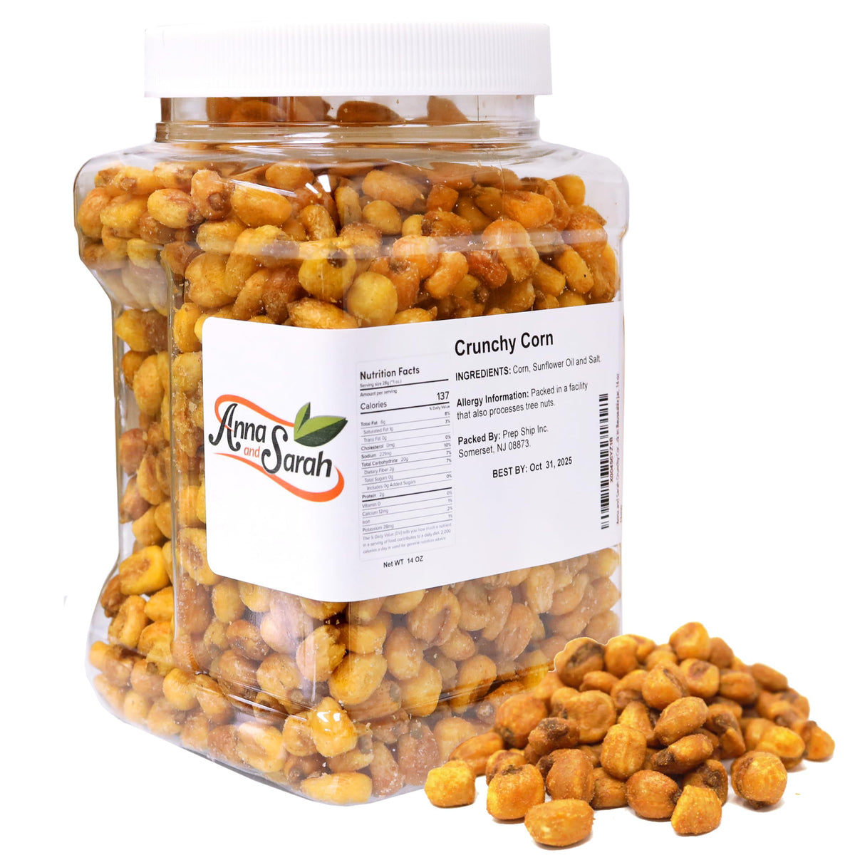 Anna and Sarah Crunchy Corn - Roasted and Salted Corn Nuts - Natural Cravings - Original Toasted Corn Kernels Crunchy Snack in Reusable Jar, 14 oz