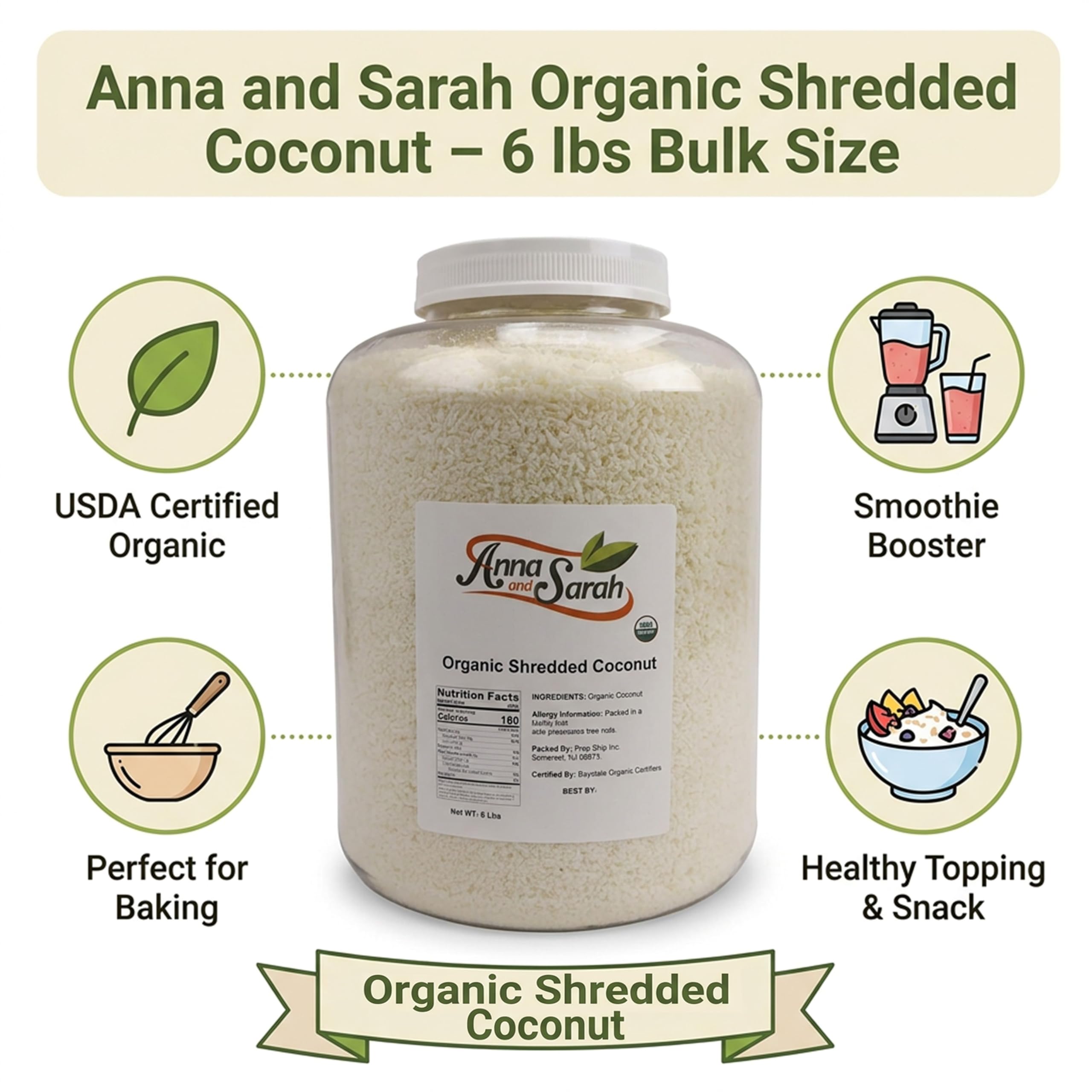 Anna and Sarah Organic Unsweetened Medium Shredded Coconut, 6 lb Jar