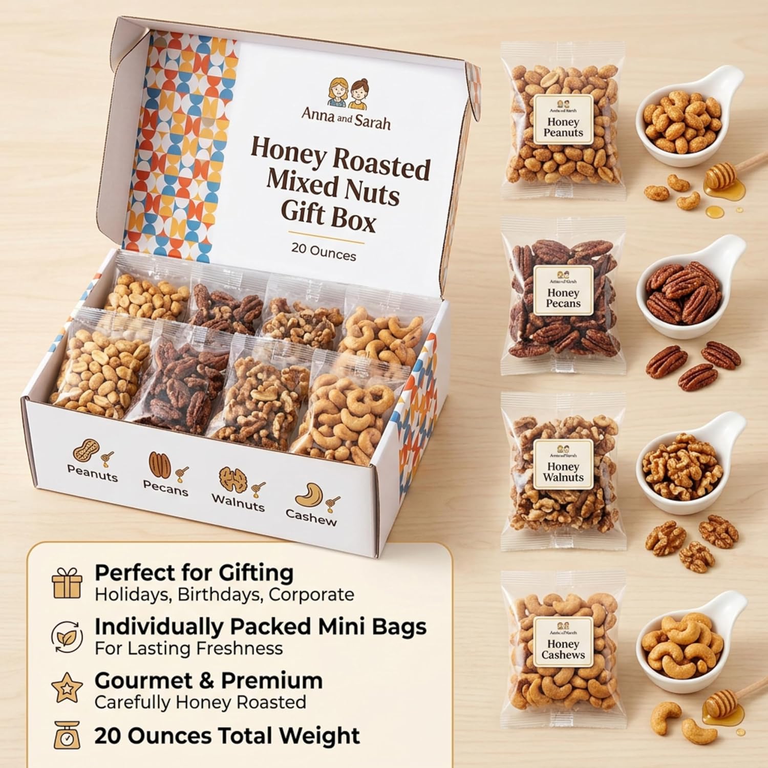 Anna and Sarah Honey Roasted Mixed Nuts Gourmet Snack Gift Box