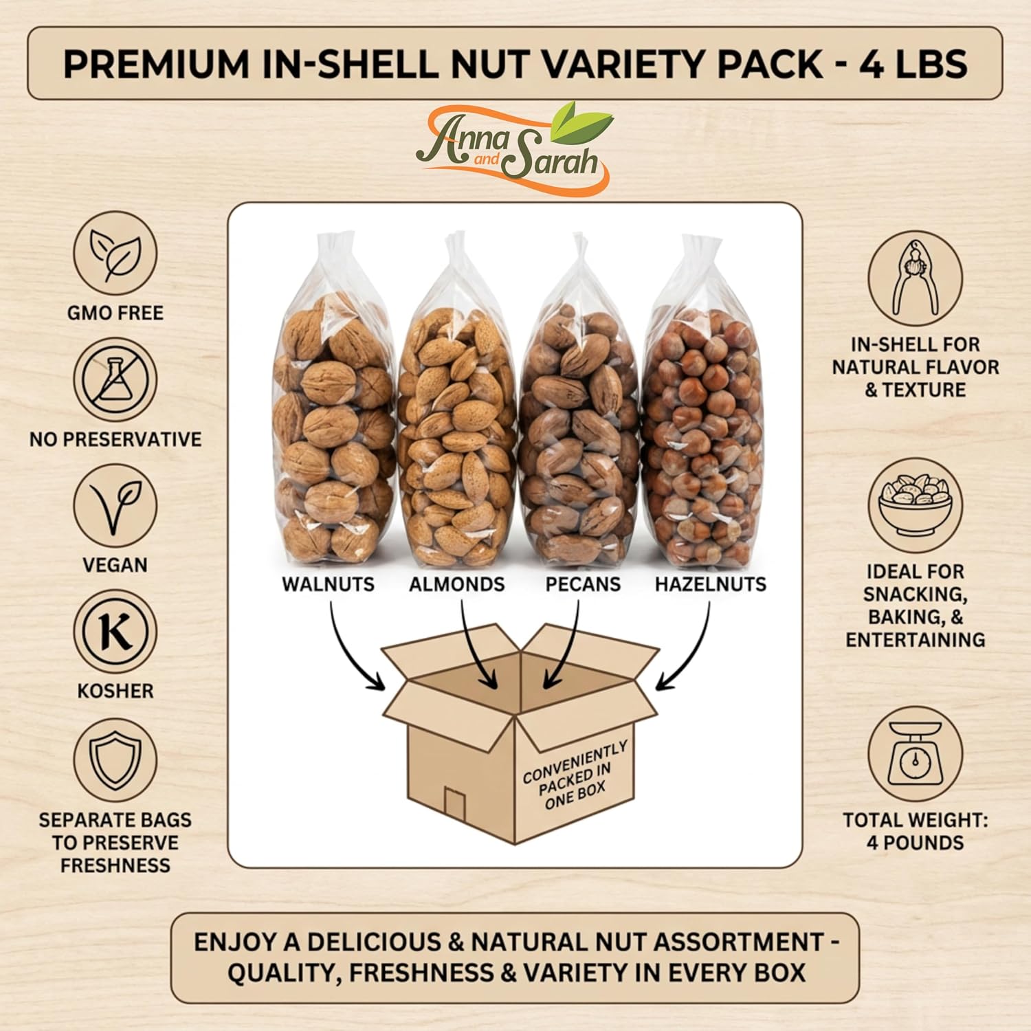 Anna and Sarah Premium In-Shell Nut Variety Pack Box - 4 Lbs