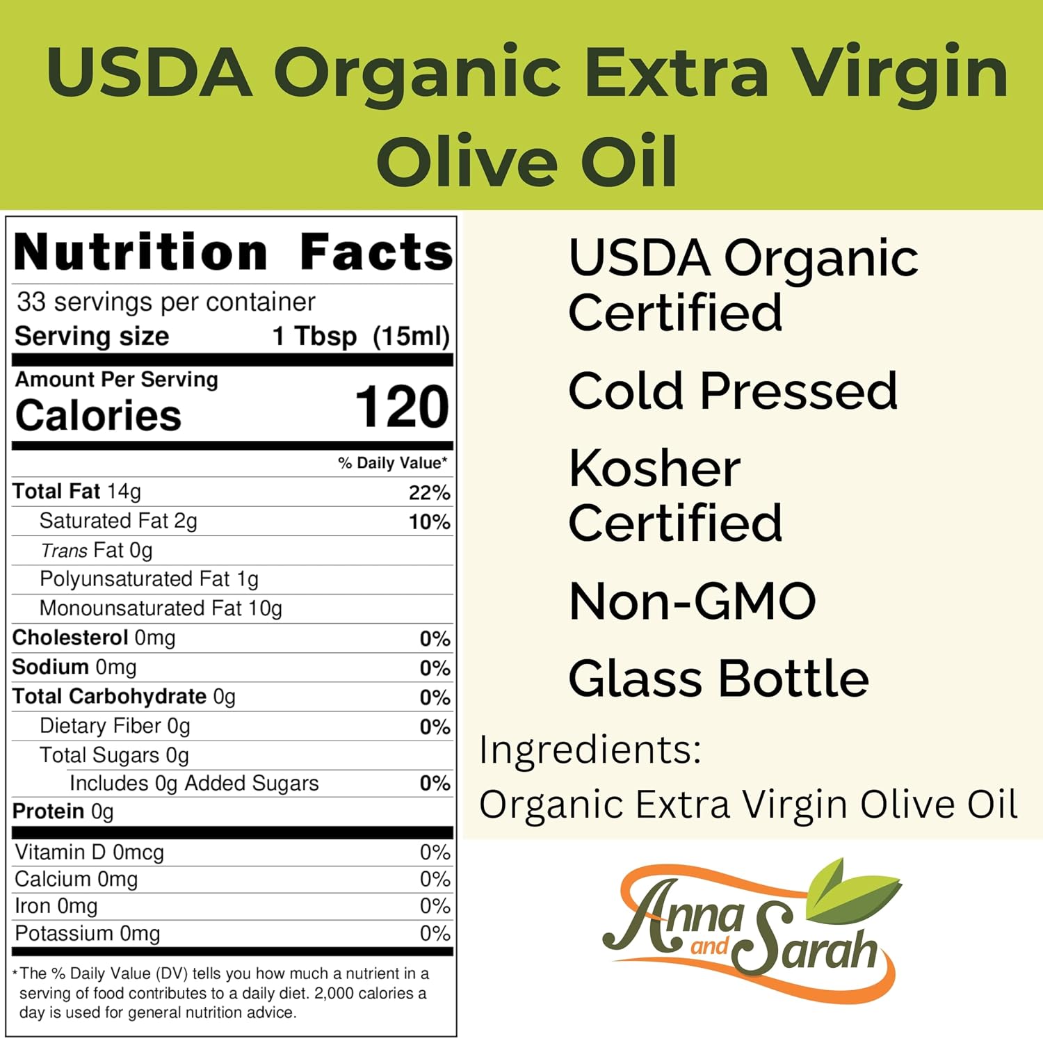 Anna and Sarah USDA Organic Extra Virgin Olive Oil - Cold Pressed