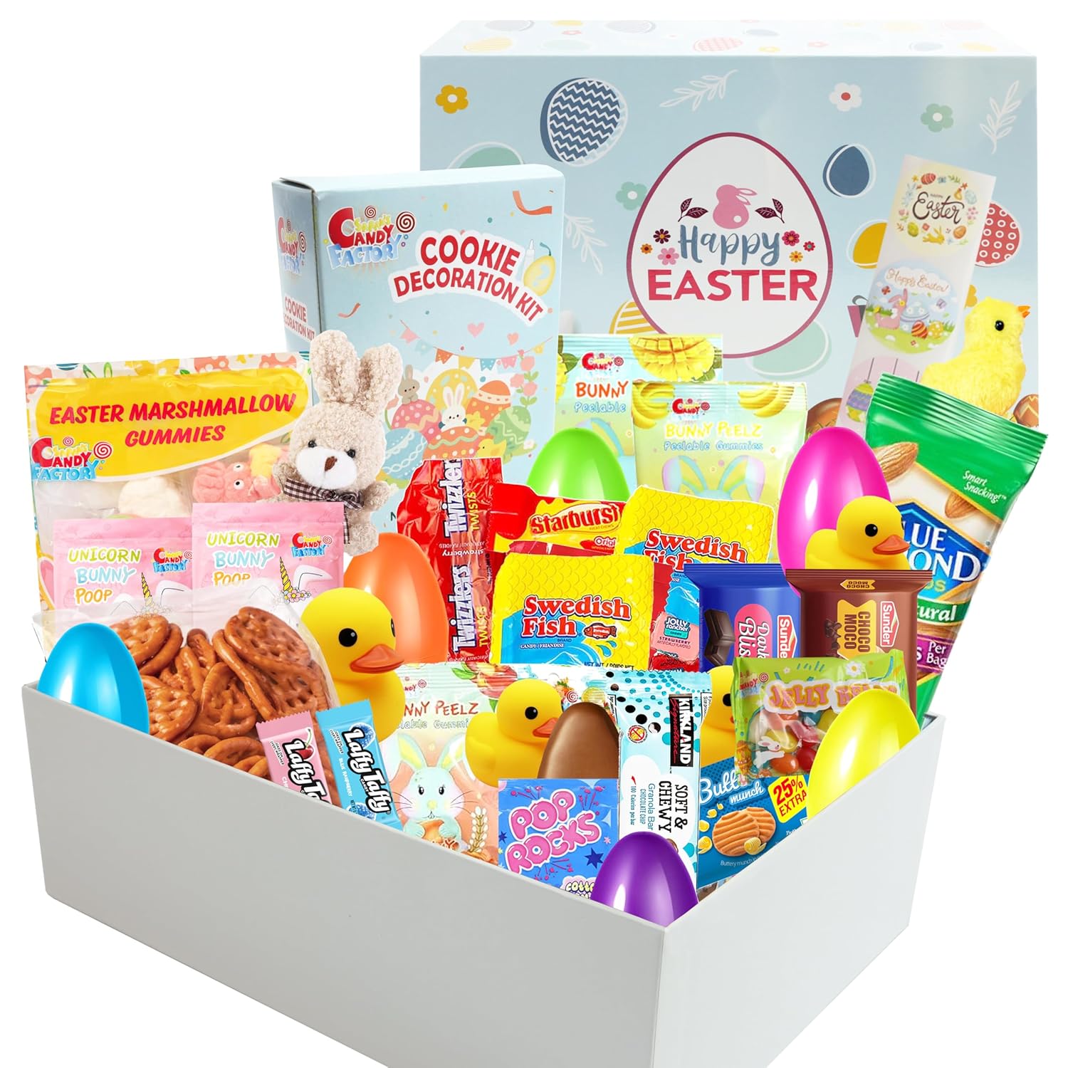Easter Care Package Blue Box (52 Pieces) Filled with Candy, Chocolates, Snacks, Cookies, and More - Easter Gifts for Family, Friends, and College