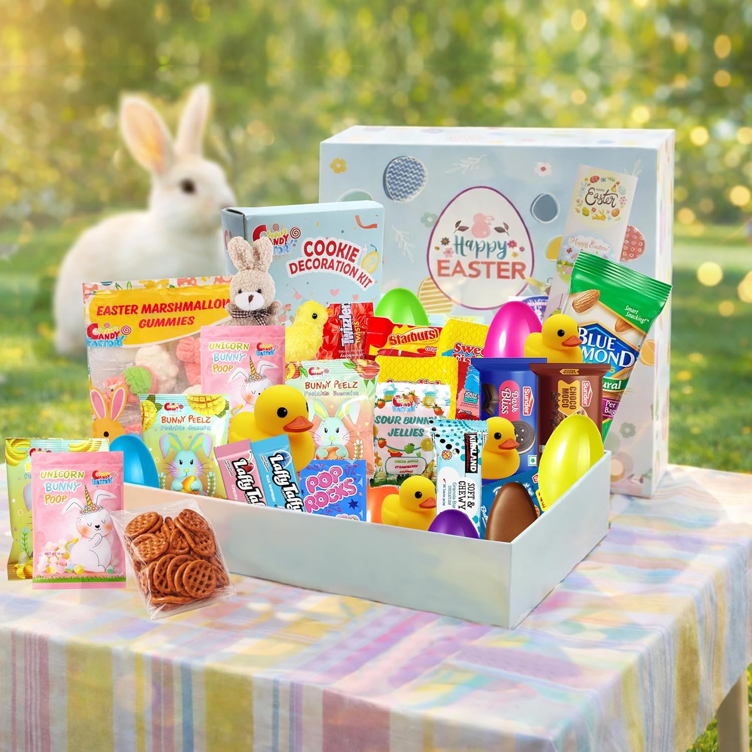 Easter Care Package Blue Box (52 Pieces) Filled with Candy, Chocolates, Snacks, Cookies, and More - Easter Gifts for Family, Friends, and College