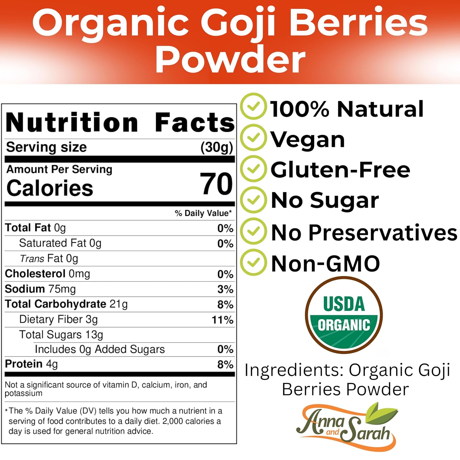 Anna and Sarah Organic Goji Berry Powder - 16 Oz (2 Pack)
