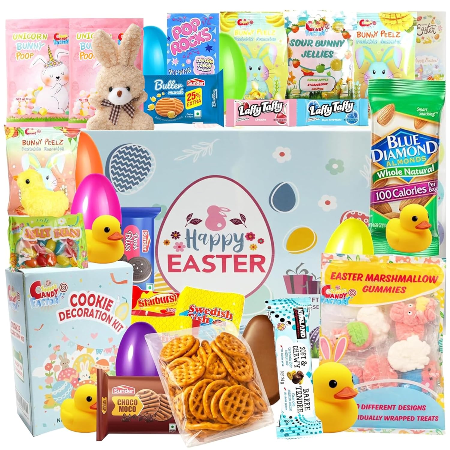 Easter Care Package Blue Box (52 Pieces) Filled with Candy, Chocolates, Snacks, Cookies, and More - Easter Gifts for Family, Friends, and College