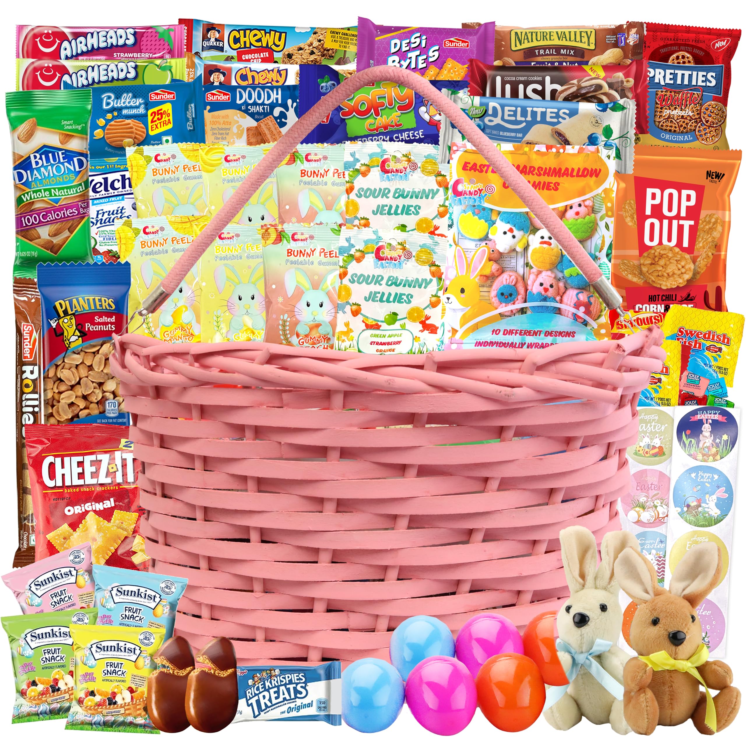 Easter Pink Oval Willow Basket Filled with Treats (70 ct)