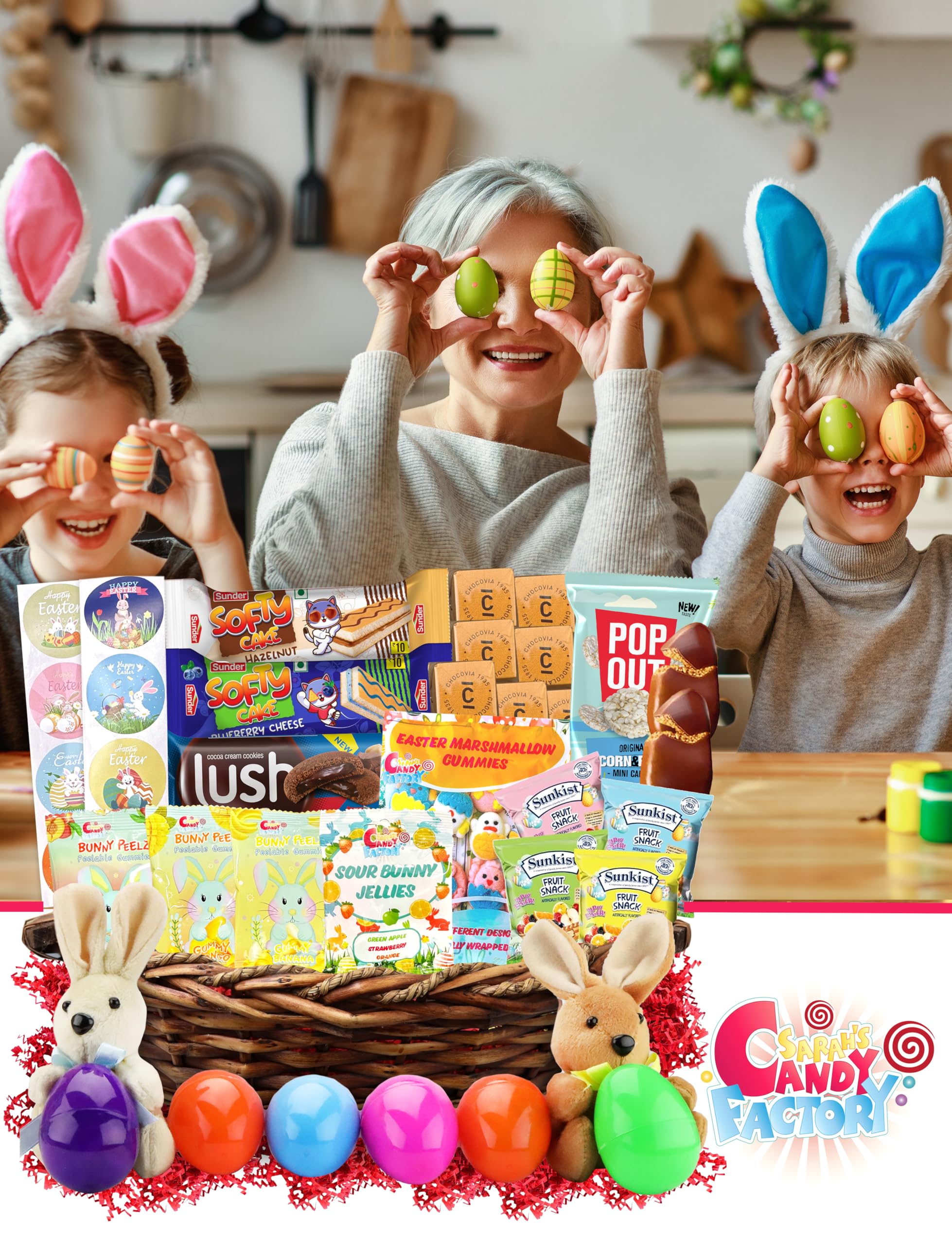 Sarah's Candy Factory Easter Snack Brown Basket (50 Count) with Treats & Gummies