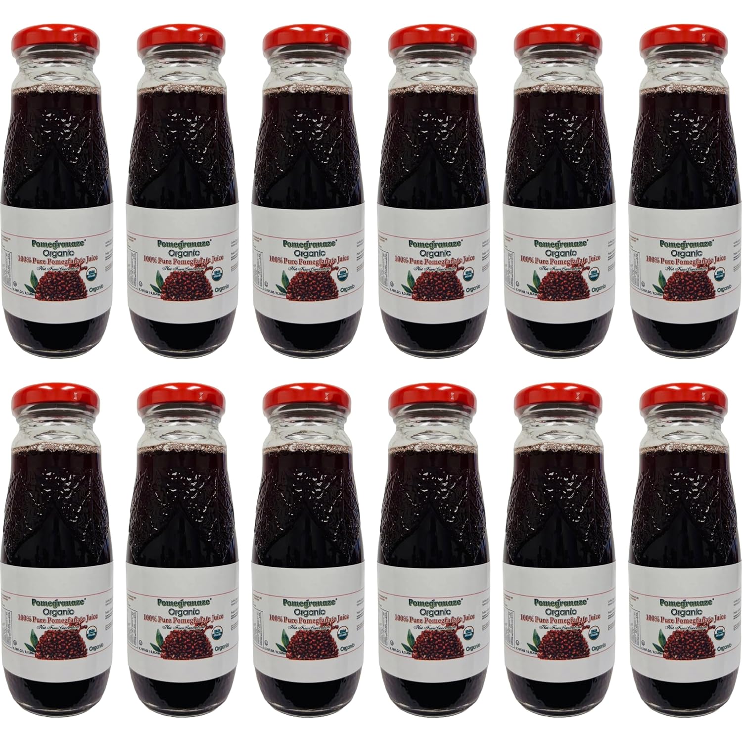 100% Organic Pomegranate Juice, 6.7 Oz Glass Bottle (12 Pack) - No Sugar, No Artificial Colors, No Preservatives, Gluten Free, Kosher