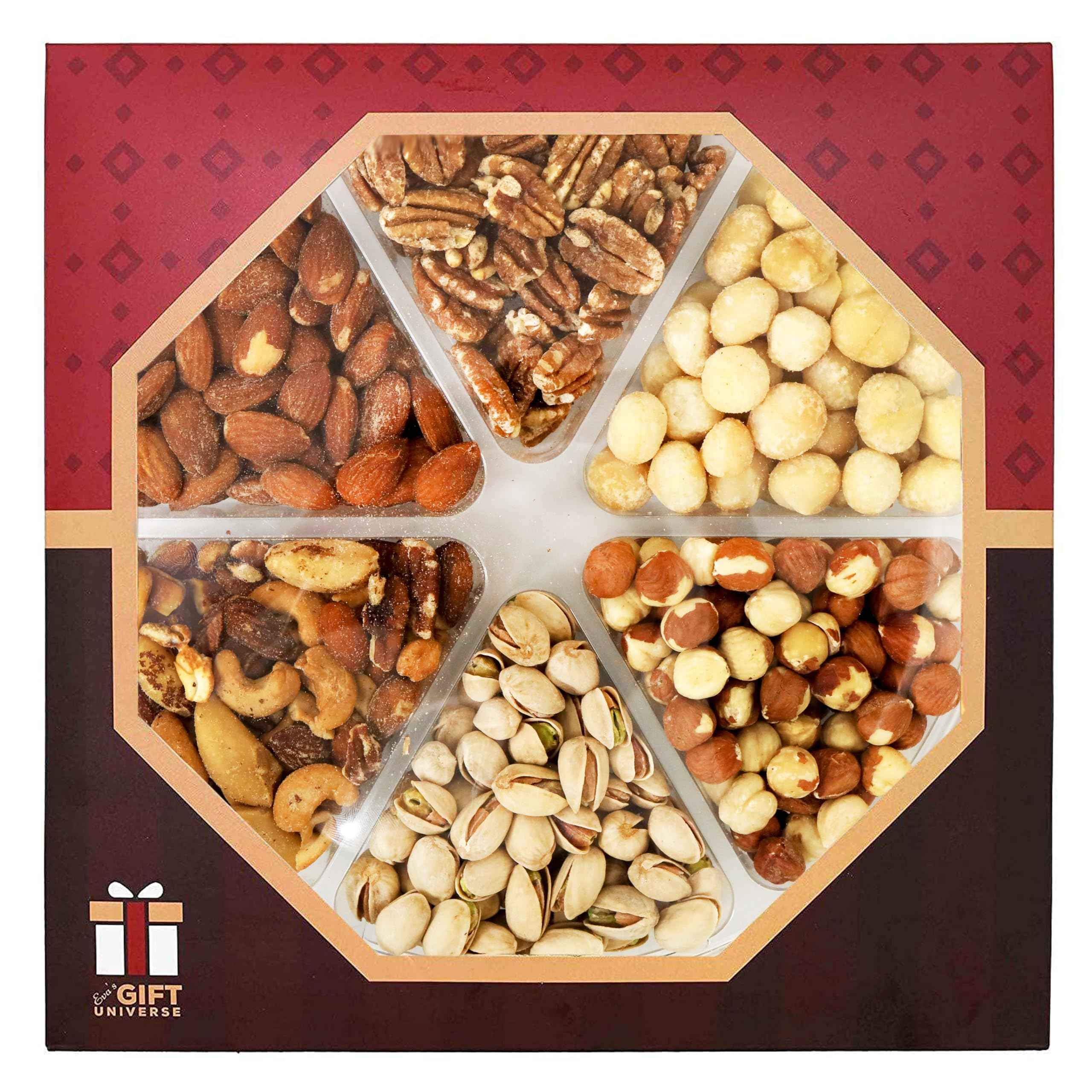 Freshly All Roasted & Salted 6 Variety NUTS in Tray- 24 Oz Healthy Protein Food, All Natural, Vegan, Kosher NON GMO Pecan-Oregon-Almond-Mix-Macadamia-California Pistachios For Party Gift for Mom Men Women Family