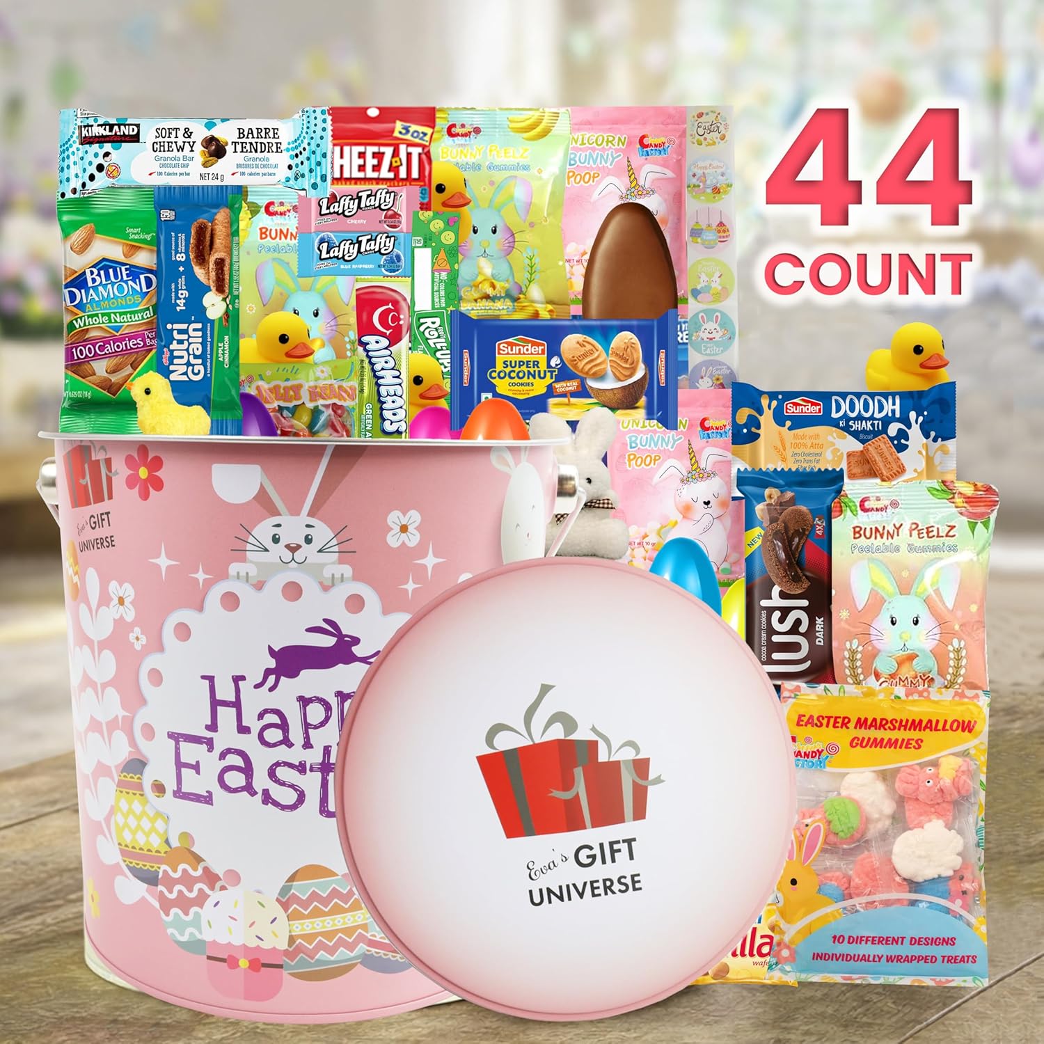 Easter Care Package Blue Gift Box (52 Pieces) Filled with Candy, Chocolates, Snacks, Cookies, and More – Perfect Easter Gifts for Family, Friends, and College Students